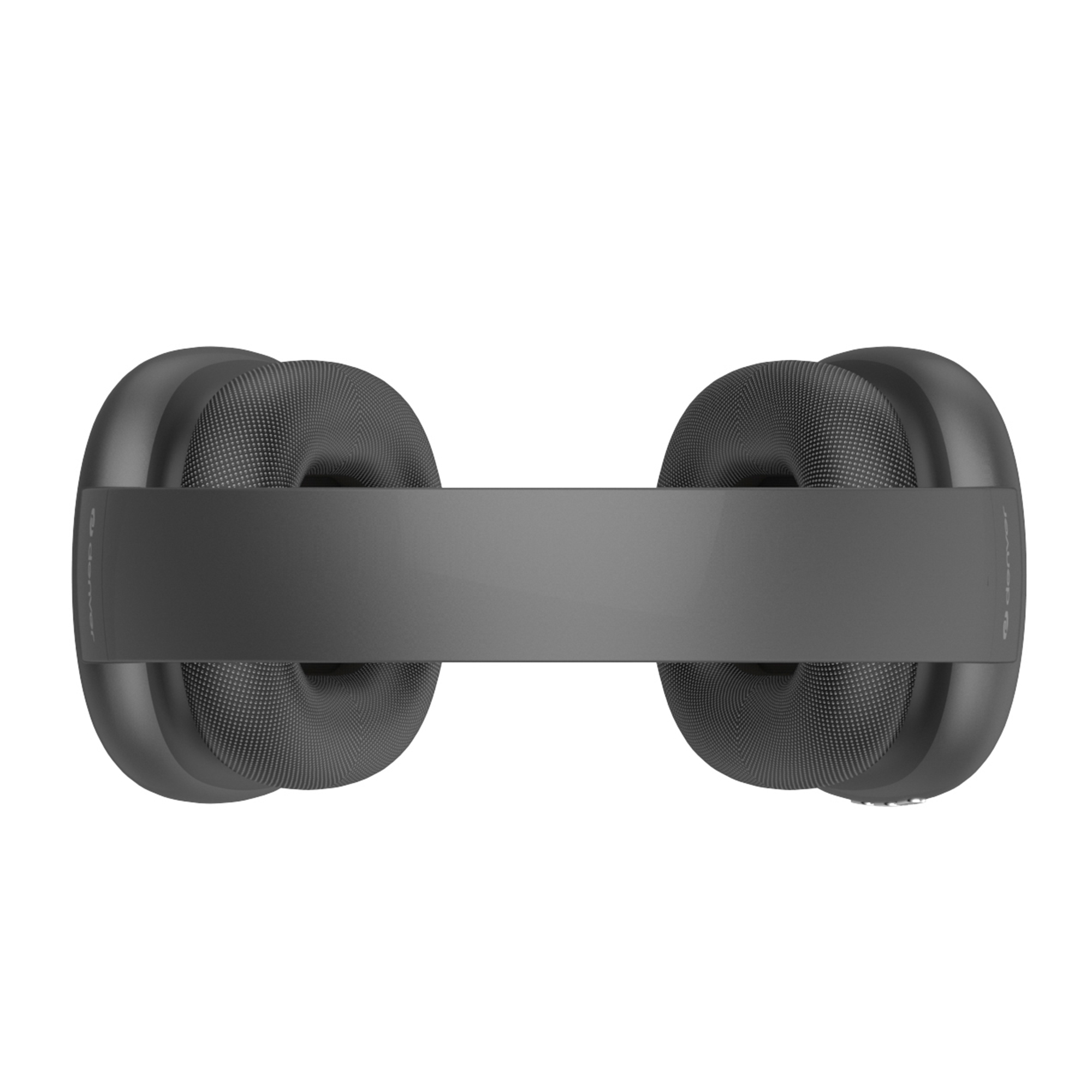 Dwa czarne słuchawki połączone szarą opaską, widok z góry na białym tle.