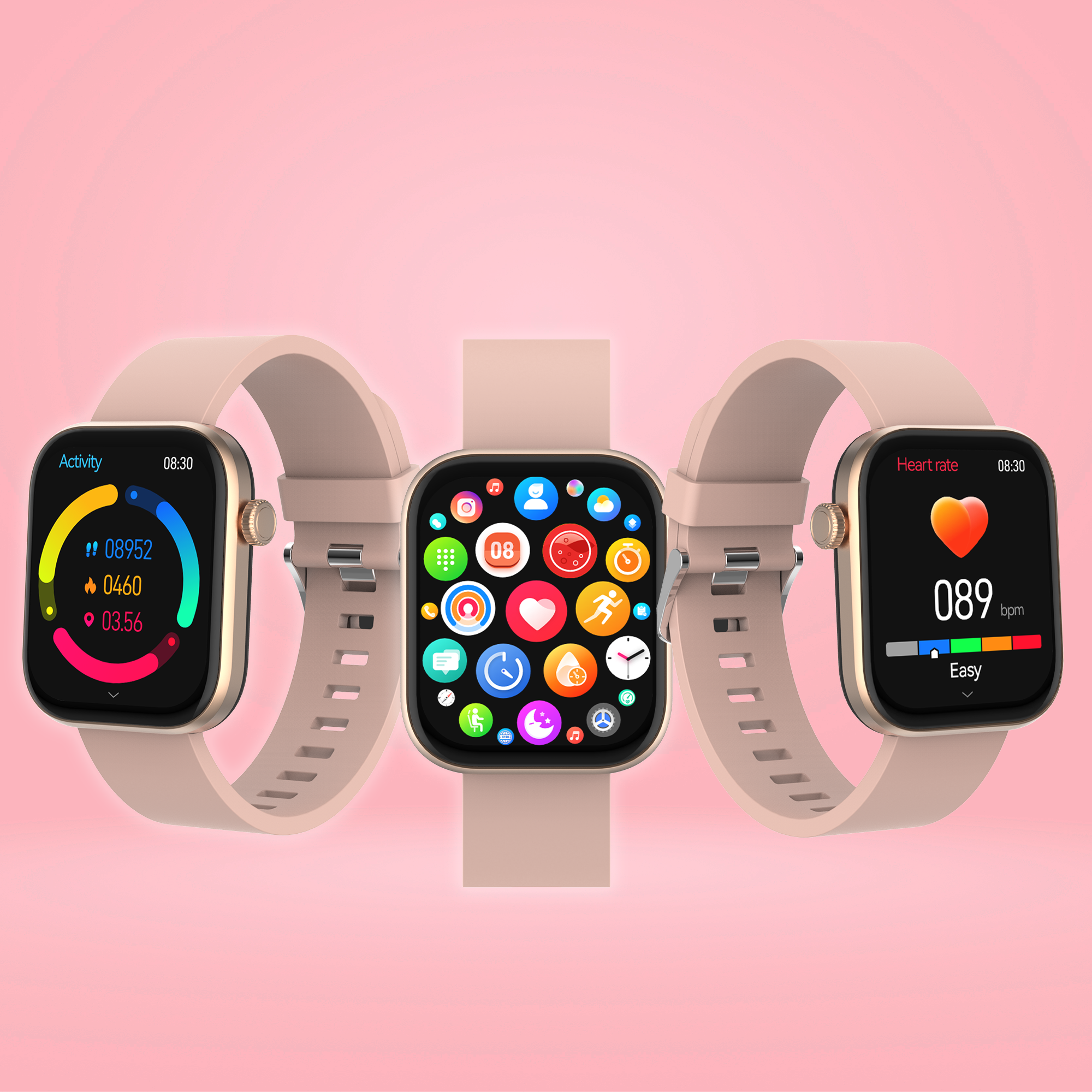 Drei Smartwatches zeigen Aktivität, Datum und Herzfrequenz auf rosa Grund.