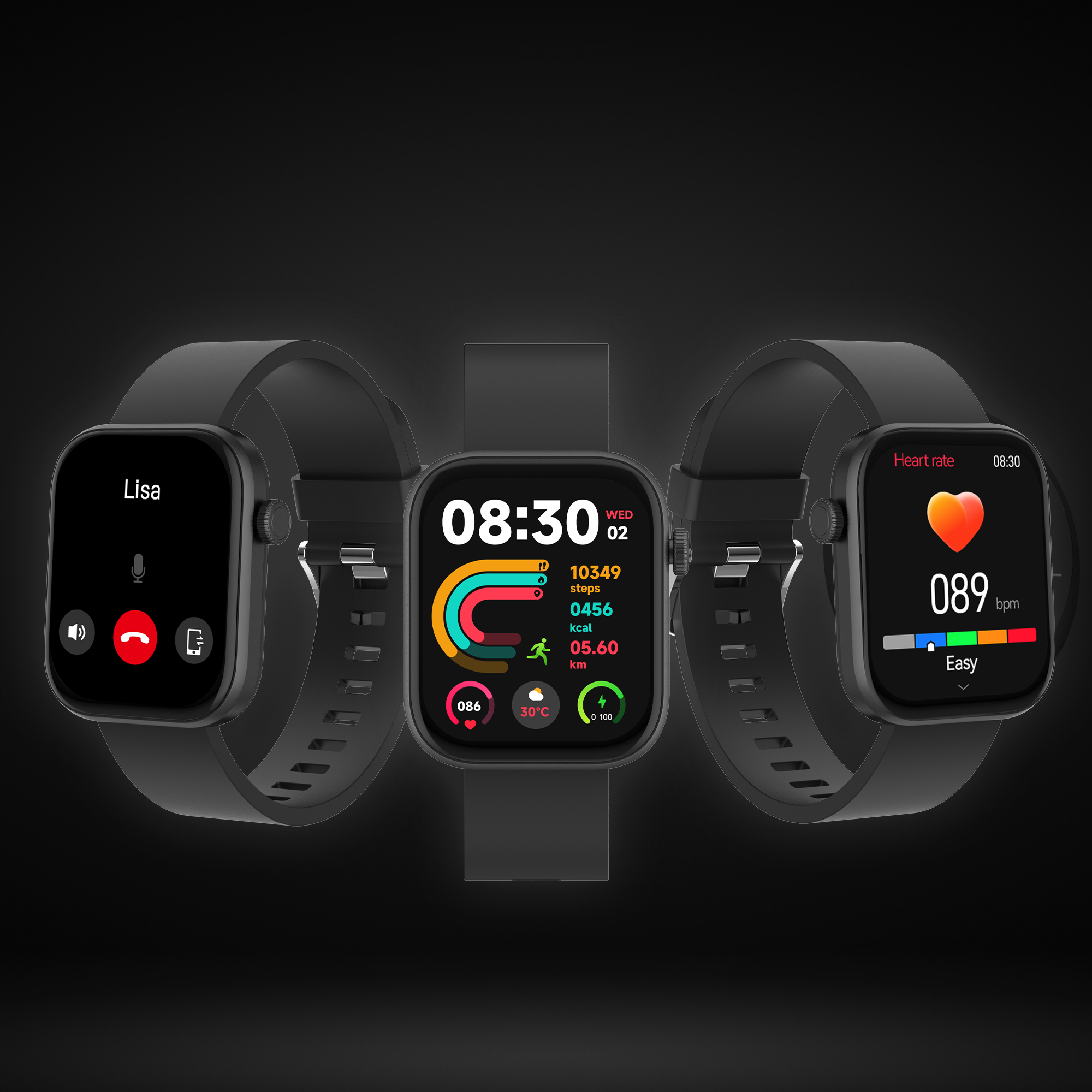Drei Smartwatches zeigen verschiedene Anzeigen: Anruf, Aktivität und Herzfrequenz. Schwarze Bänder und Zifferblätter auf dunklem Hintergrund.