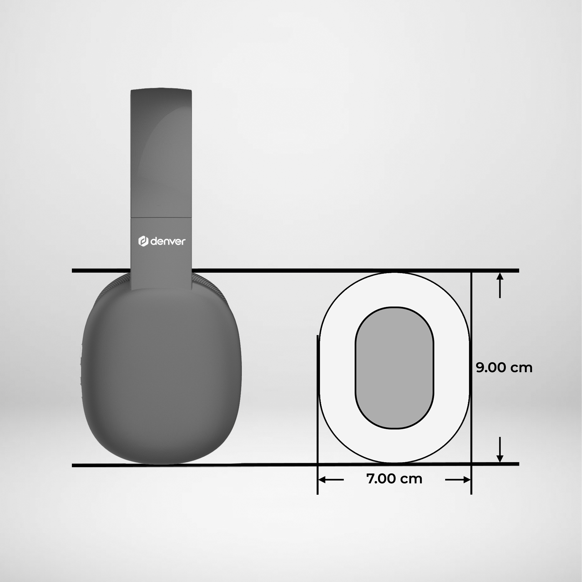 Schemat szarych słuchawek z wymiarami: 9,00 cm, 7,00 cm.