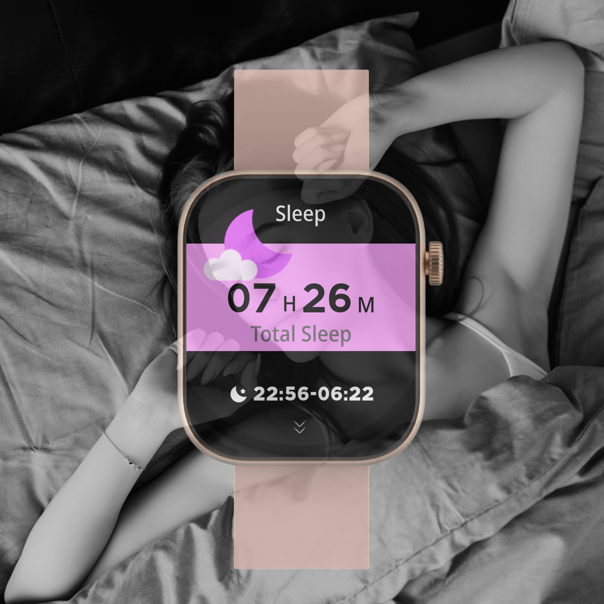 Eine Smartwatch, die Schlafdaten anzeigt, mit einer Person, die im Hintergrund im Bett ruht.
