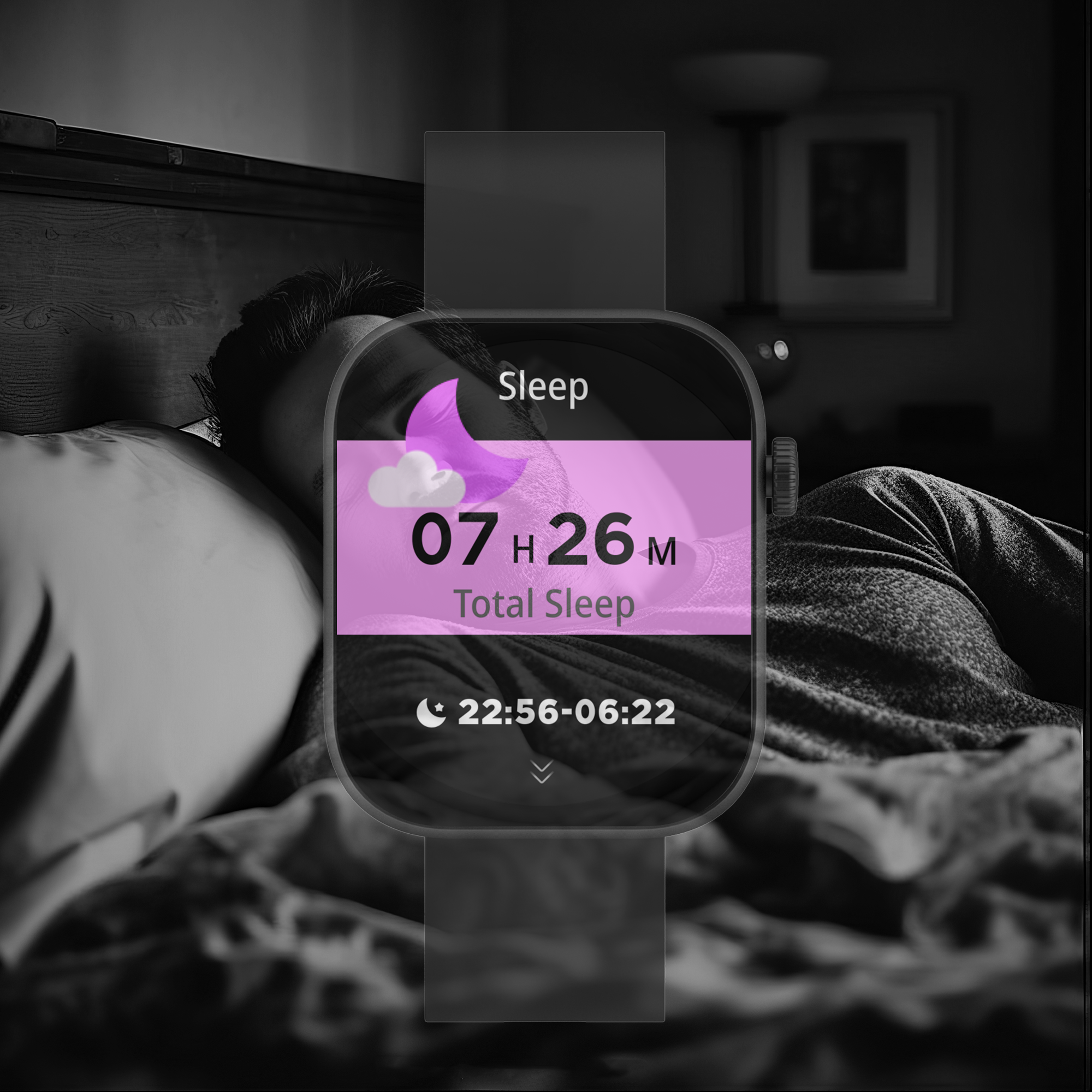 Ein Mann schläft im Bett, mit einer Uhr, die die Schlafzeit anzeigt.