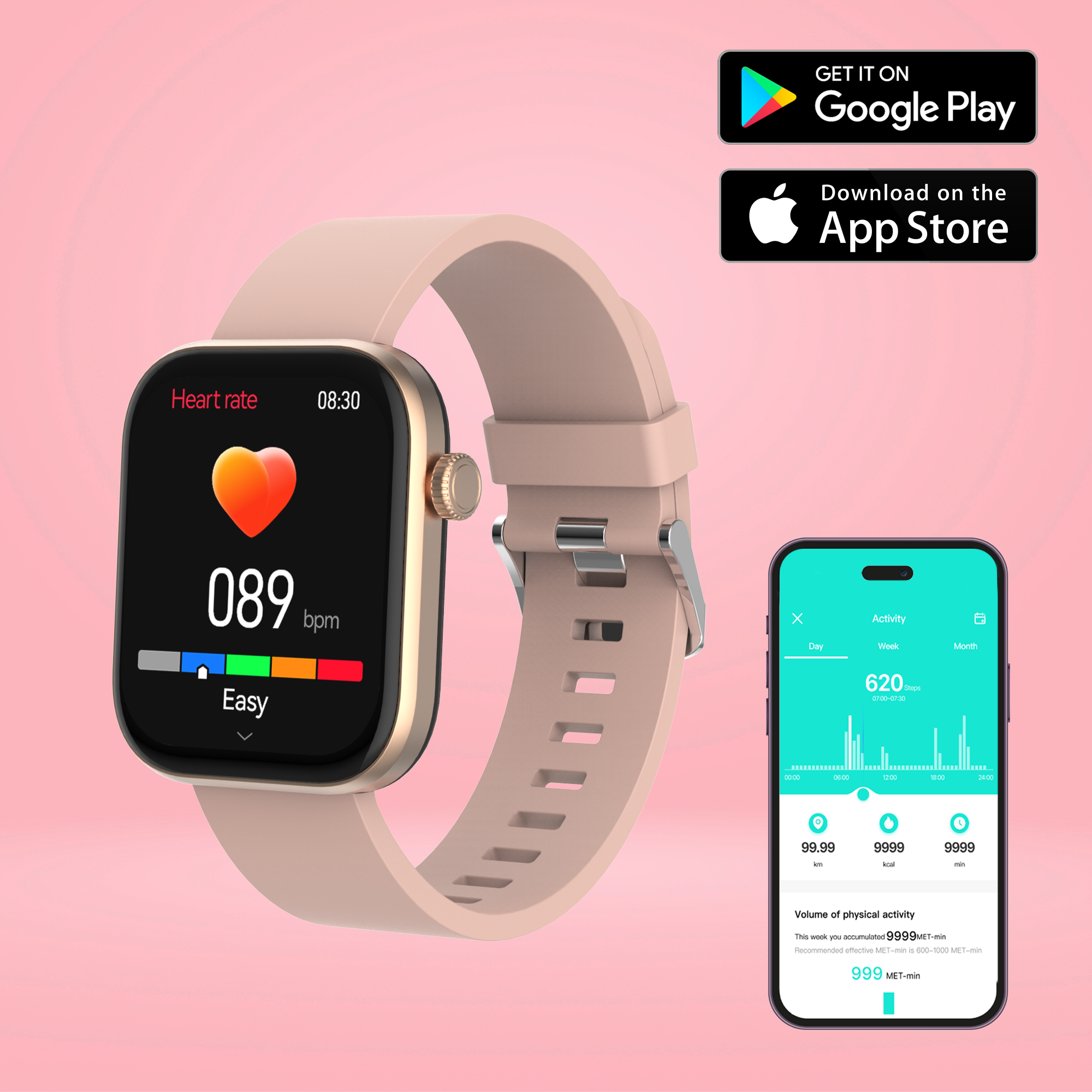 A smartwatch displays heart rate and time. A phone shows activity data. Google Play and App Store icons.