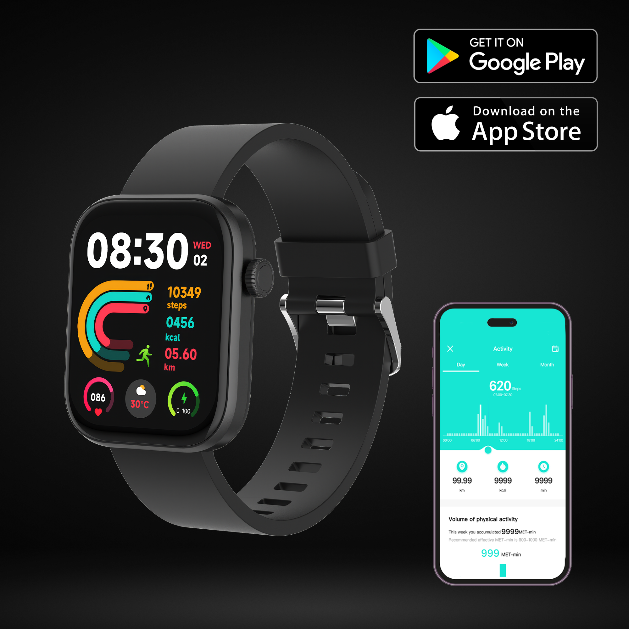 Smartwatch with display, and a phone showing an app.