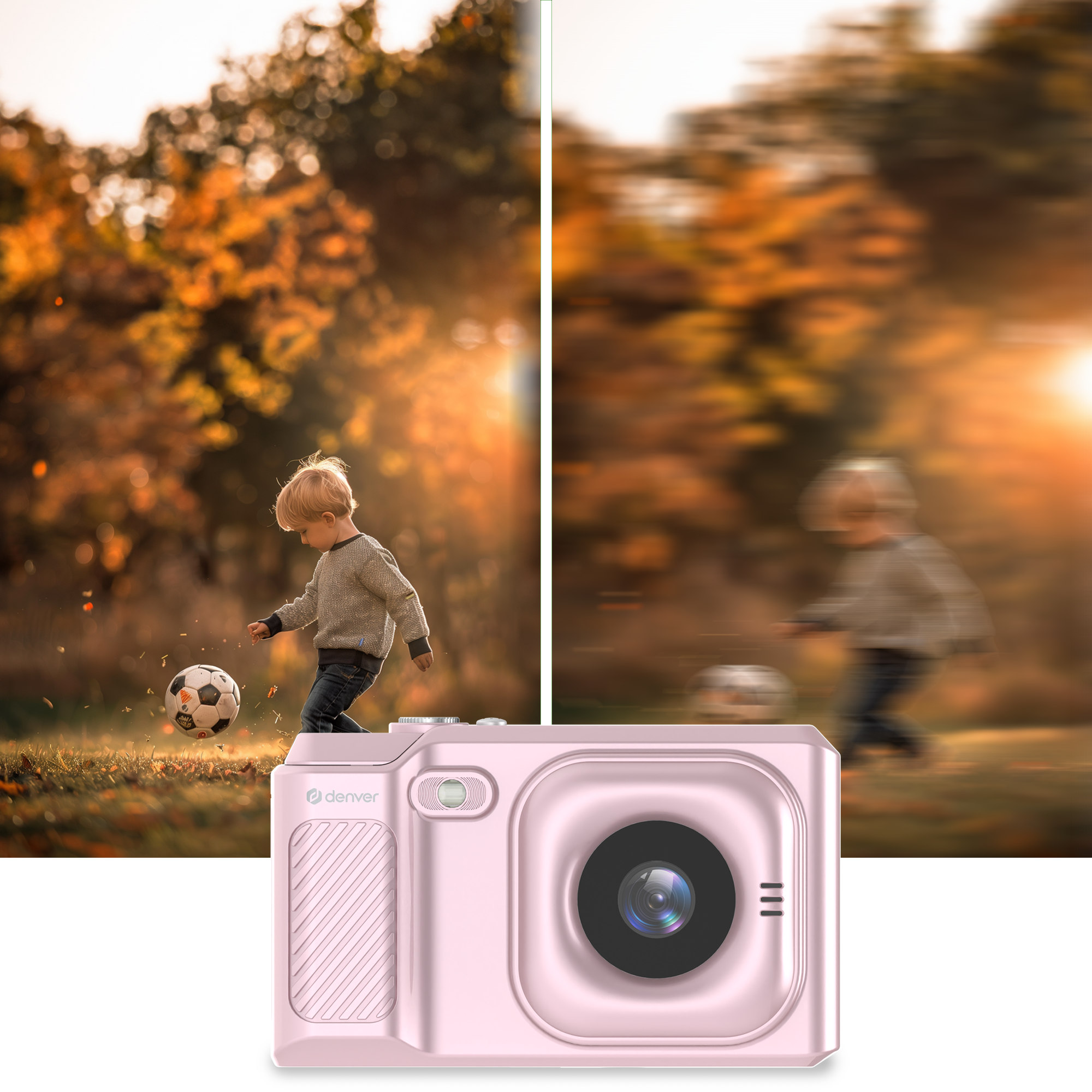 Różowy aparat fotograficzny z chłopcem kopiącym piłkę nożną. Tło jest rozmyte z jesiennymi kolorami. Pokazano aparat.