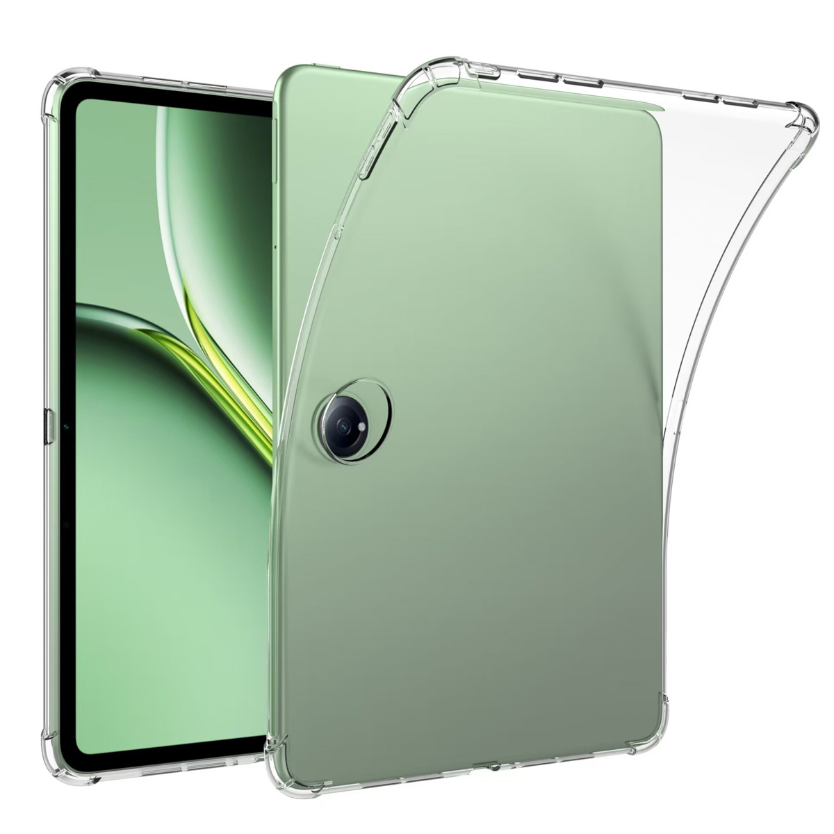 Tablette verte dans un étui transparent. L'étui est ouvert, montrant un dos vert.