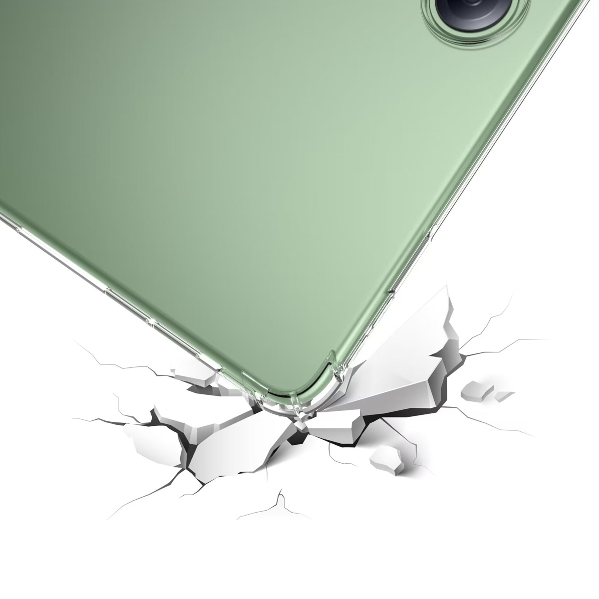 Un étui de téléphone vert semble être tombé, avec des fissures qui se forment en dessous.