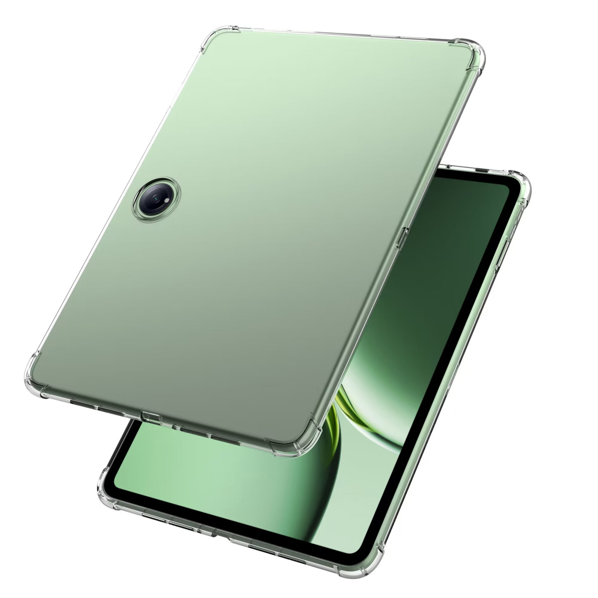 Une tablette avec un étui de protection. La coque est transparente, montrant l'appareil vert à l'intérieur.