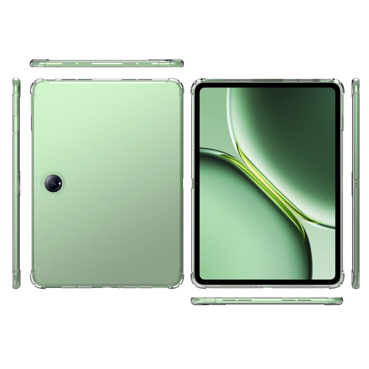 Tablette verte avec une caméra. Elle est dans un étui transparent avec une vue latérale.
