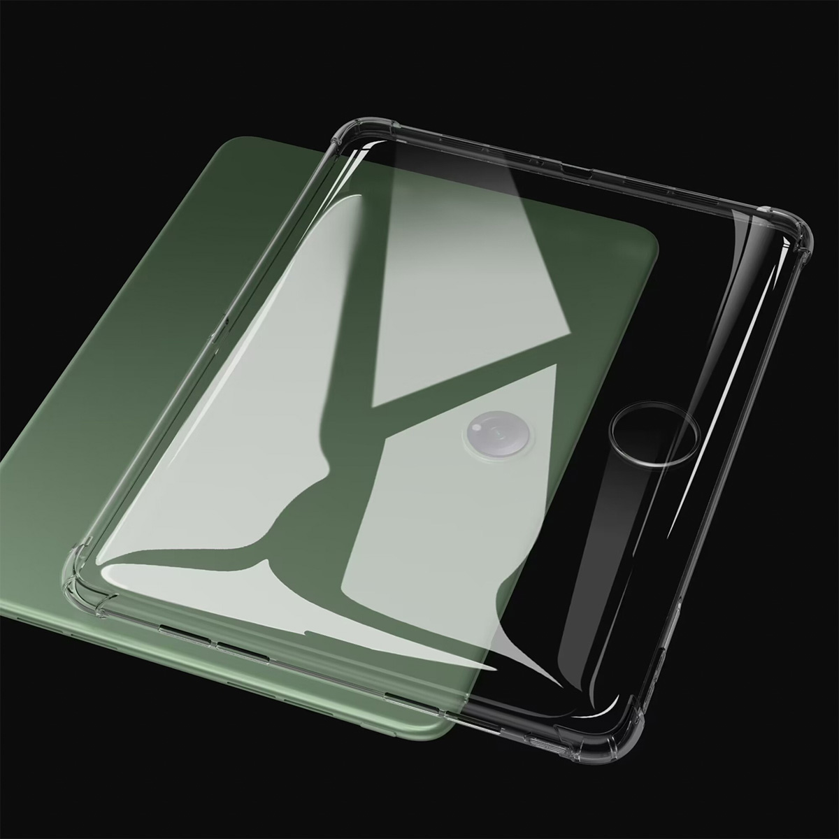 Coque de téléphone transparente sur un téléphone vert. Fond noir. La coque a une découpe pour la caméra.