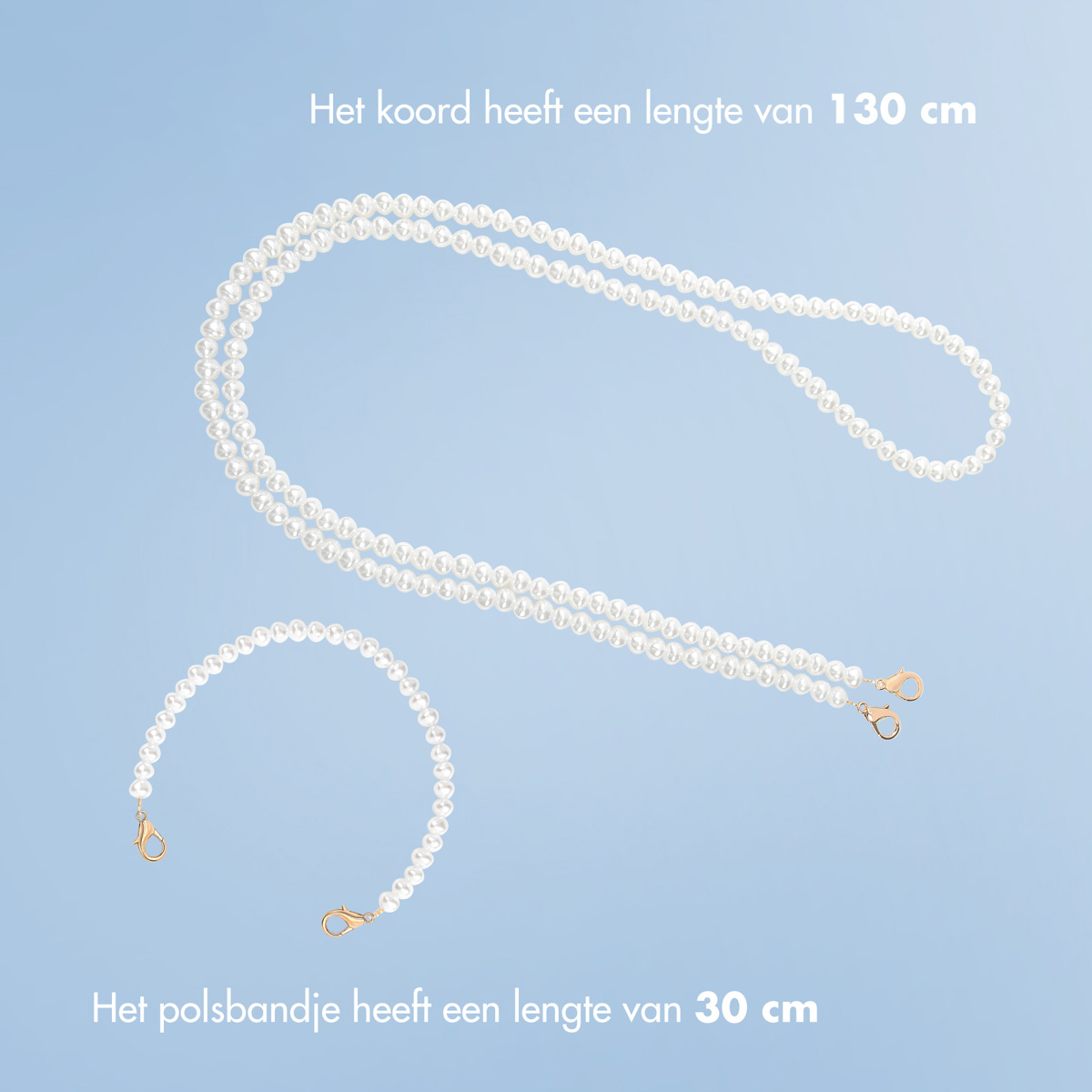 A necklace and bracelet made of white pearls on a light blue background, golden clasps.