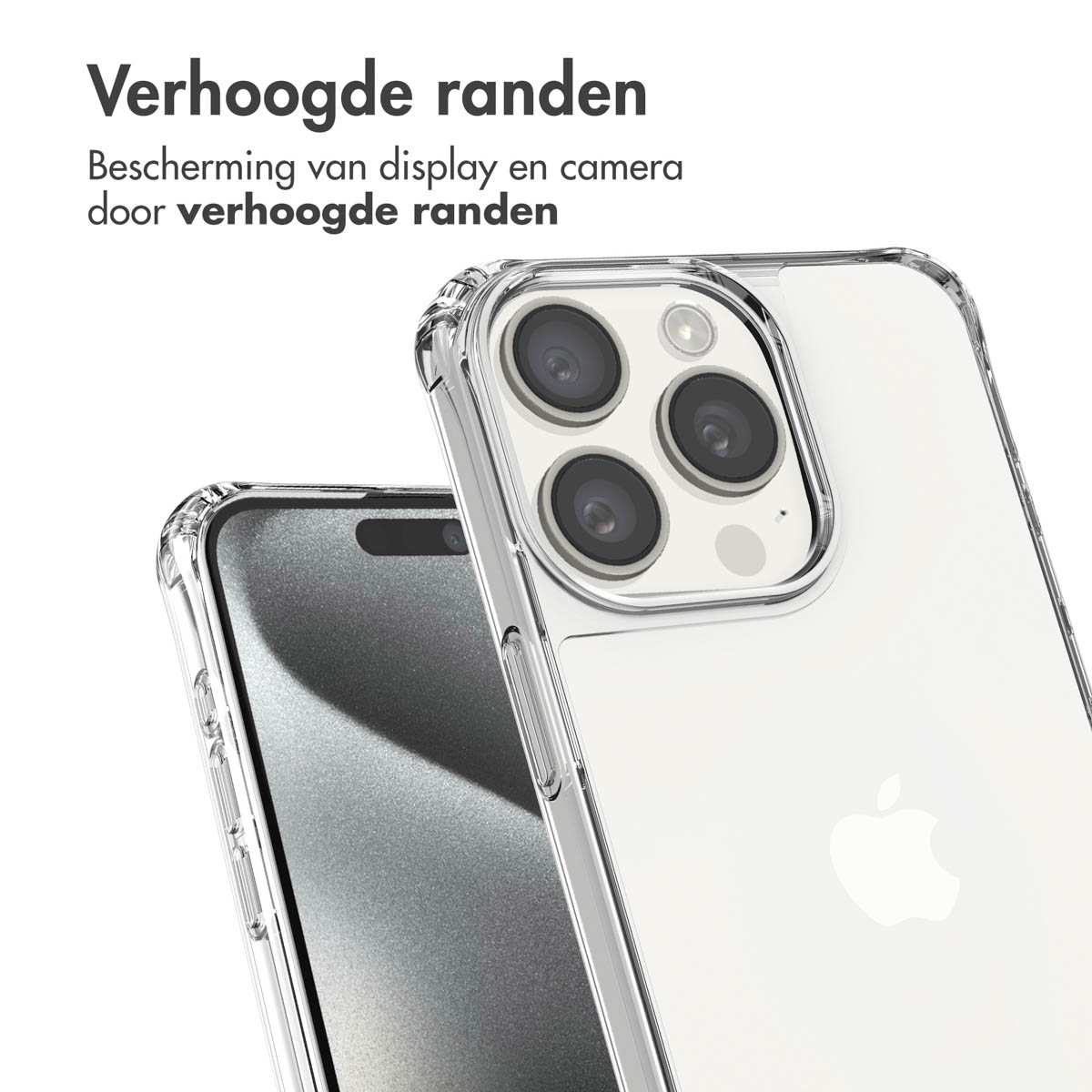 Twee doorzichtige telefoonhoesjes, één bovenop de ander, met het Apple-logo zichtbaar op de achterkant van één.