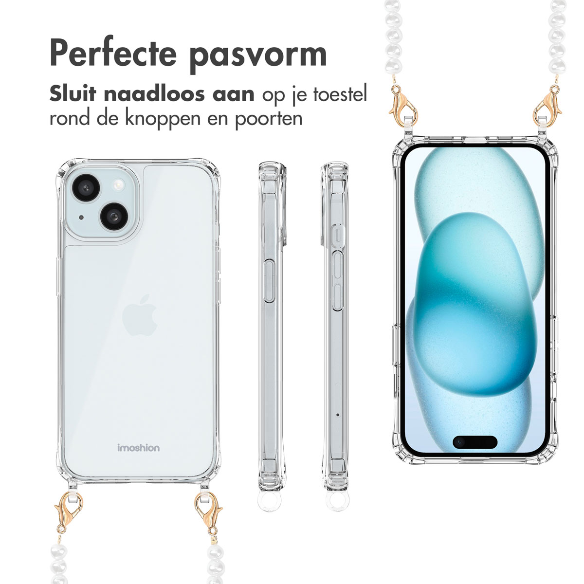 Clear phone case with a phone inside. Two sides and the front shown with a pearl strap.
