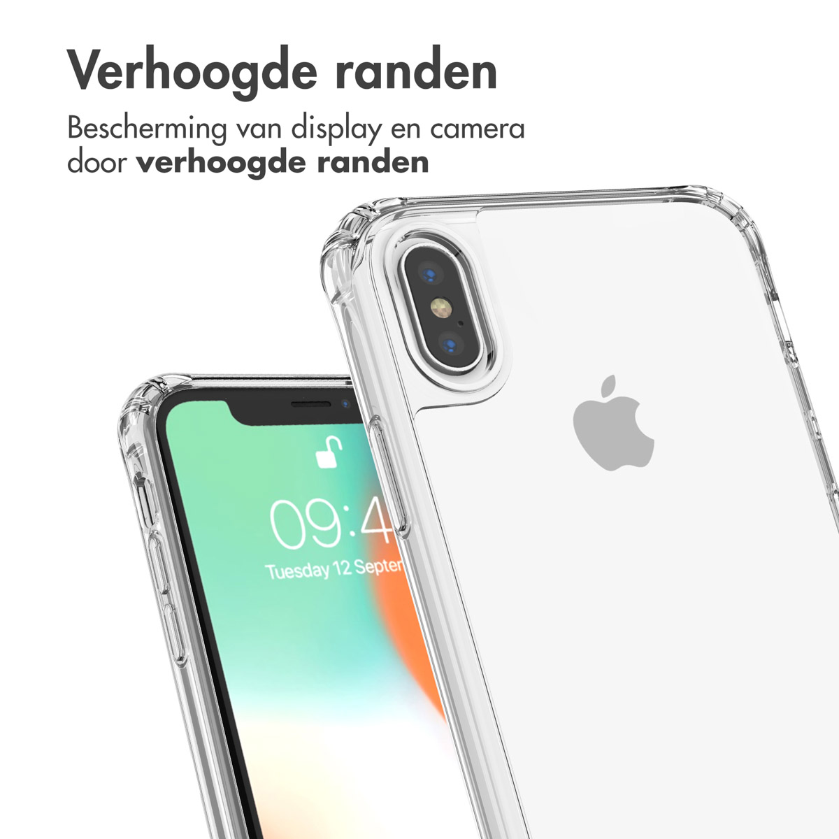 Coque de téléphone transparente sur un téléphone, montrant l'écran. Bords relevés pour la protection.