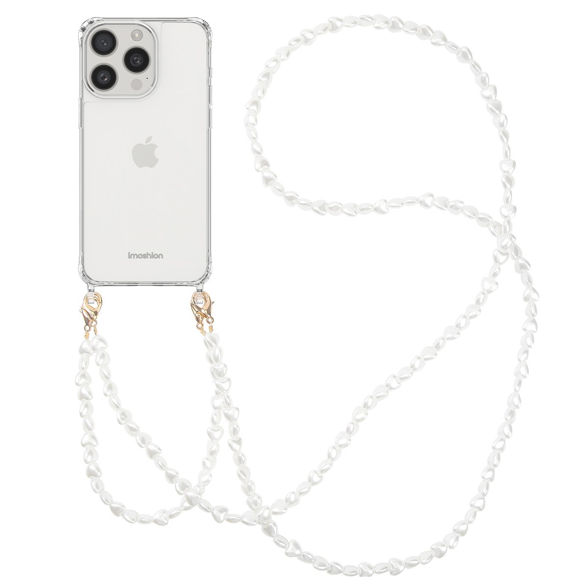 Transparante telefoonhoes met een parelketting in hartvorm, witte achtergrond.