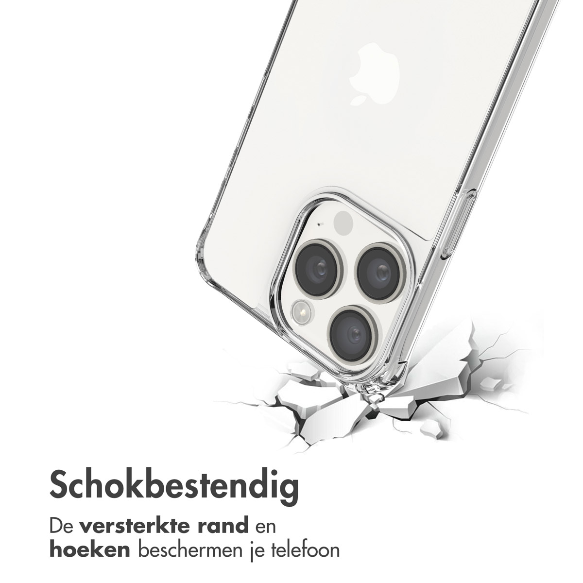 Een doorzichtige telefoonhoes met een iPhone erin, die een oppervlak kraakt waarop hij is gevallen.
