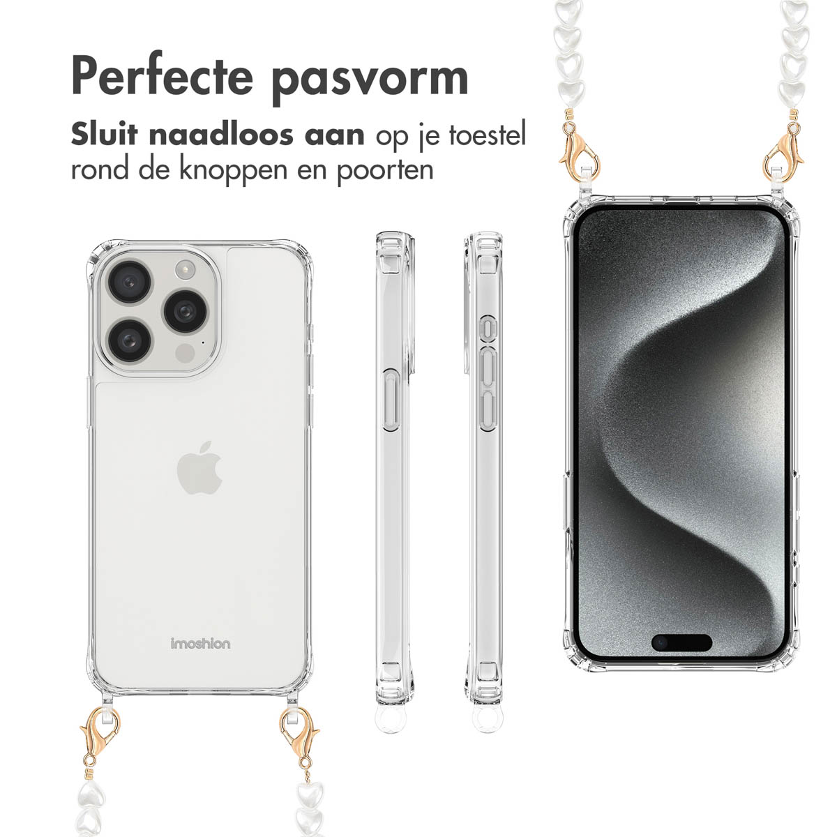 Een doorzichtige telefoonhoes met een parelriem, met een telefoon op een witte achtergrond.