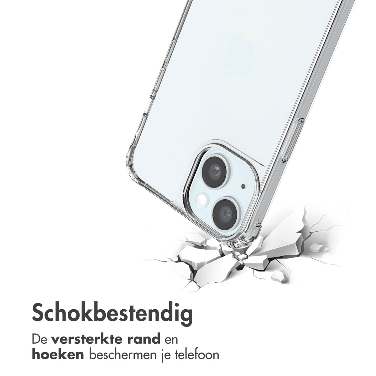 Clear phone case on a white background. It is falling and cracking the surface.