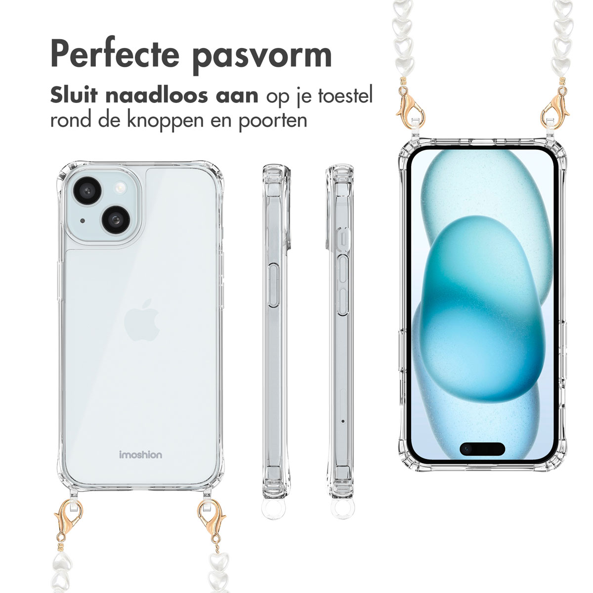 Phone in clear case with a pearl strap, displayed from multiple angles.