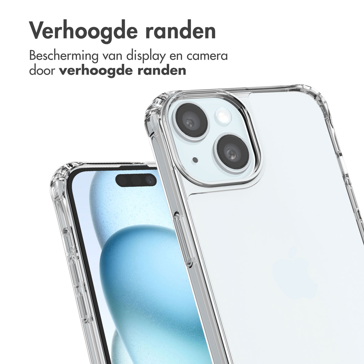 Clear phone case on a white background. The case is on top of a phone.