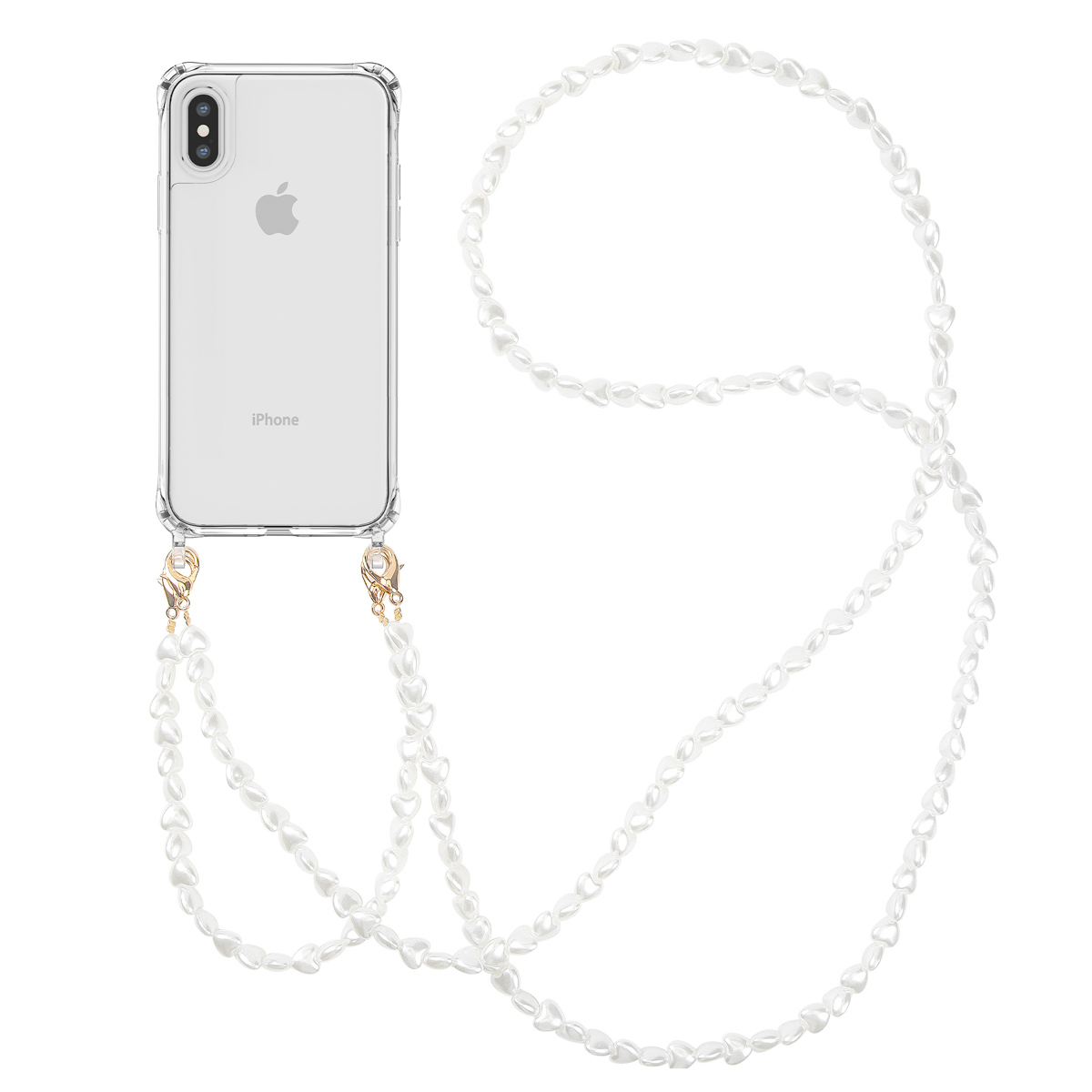 Coque de téléphone transparente avec iPhone et lanière de perles.