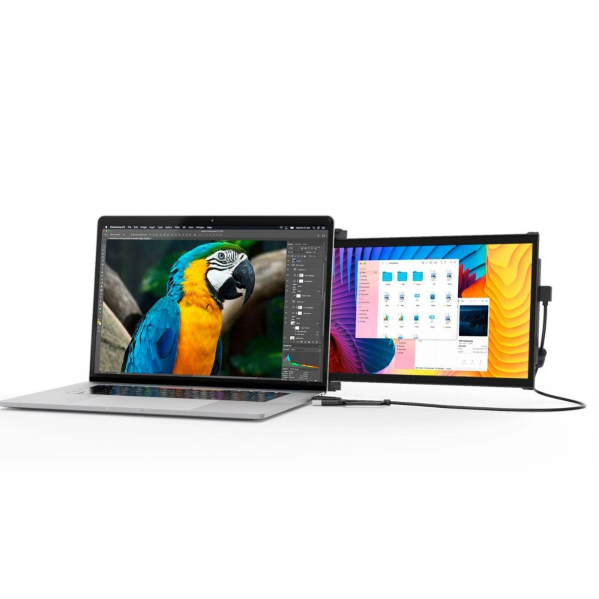 Laptop podłączony do drugiego monitora. Drugi monitor pokazuje ikony i kolorowy obraz.