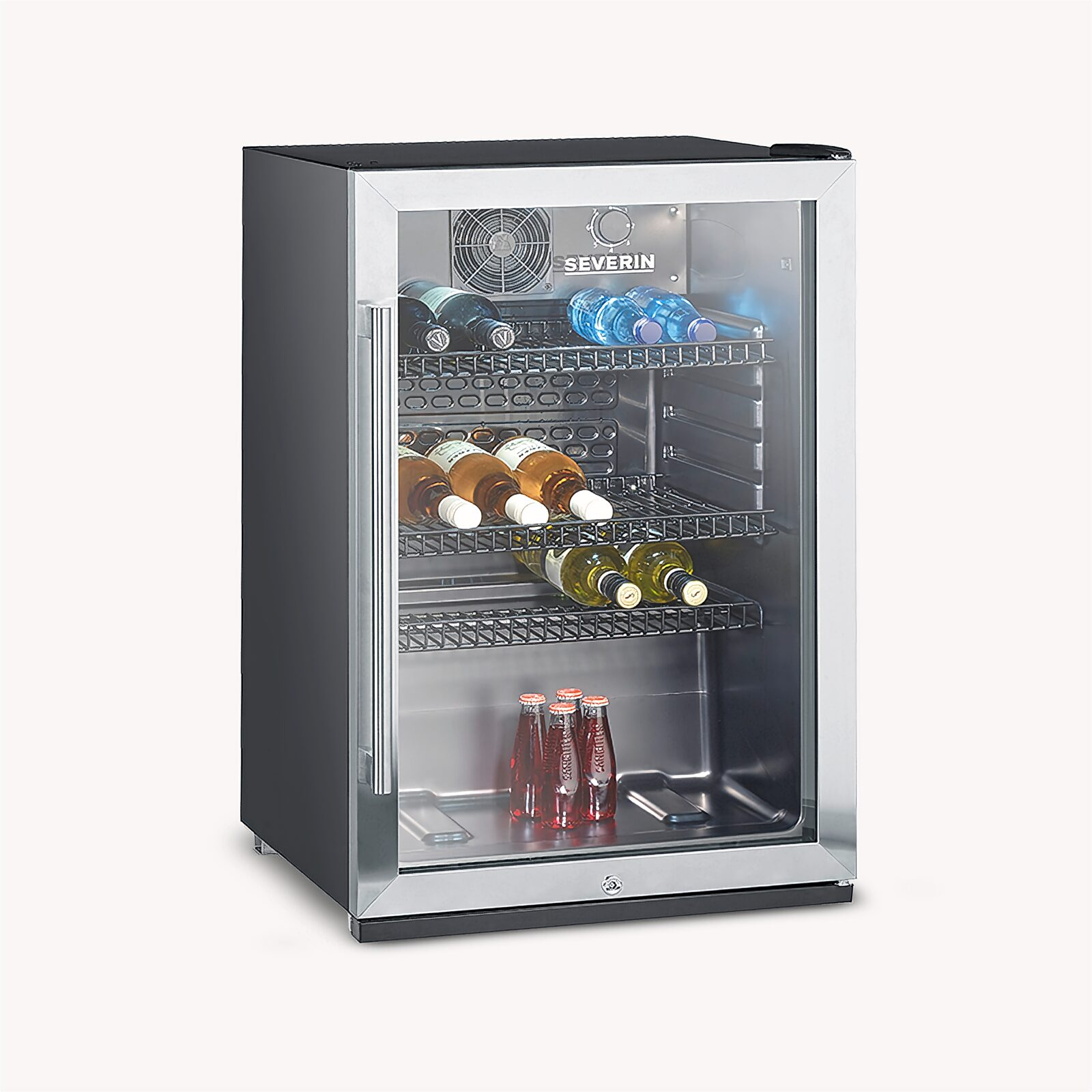 Min nevera con puerta de cristal que muestra botellas de vino y agua.