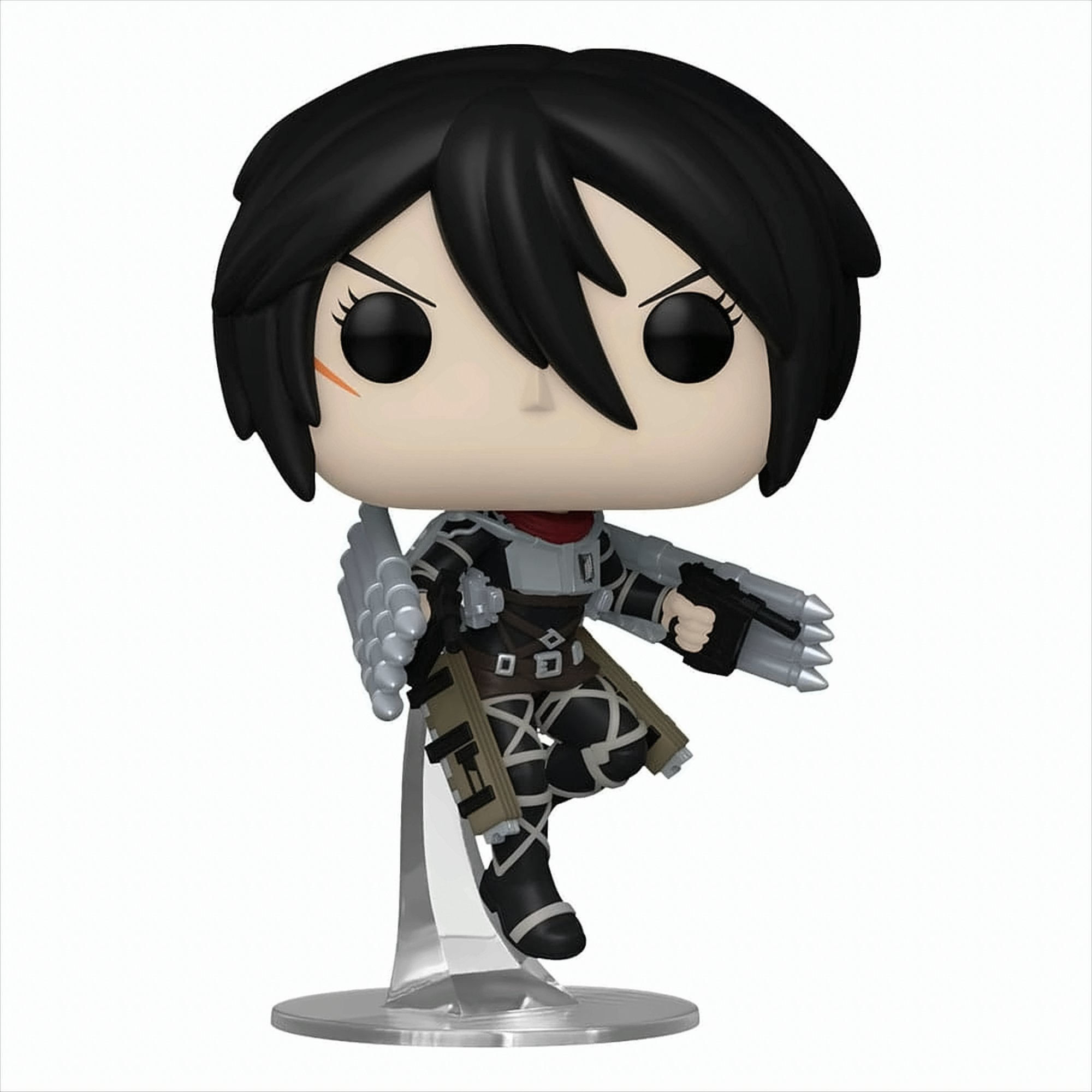 Eine Funko Pop Figur einer Figur aus Attack on Titan, Mikasa Ackerman. Sie hat schwarze Haare und trägt eine Uniform.