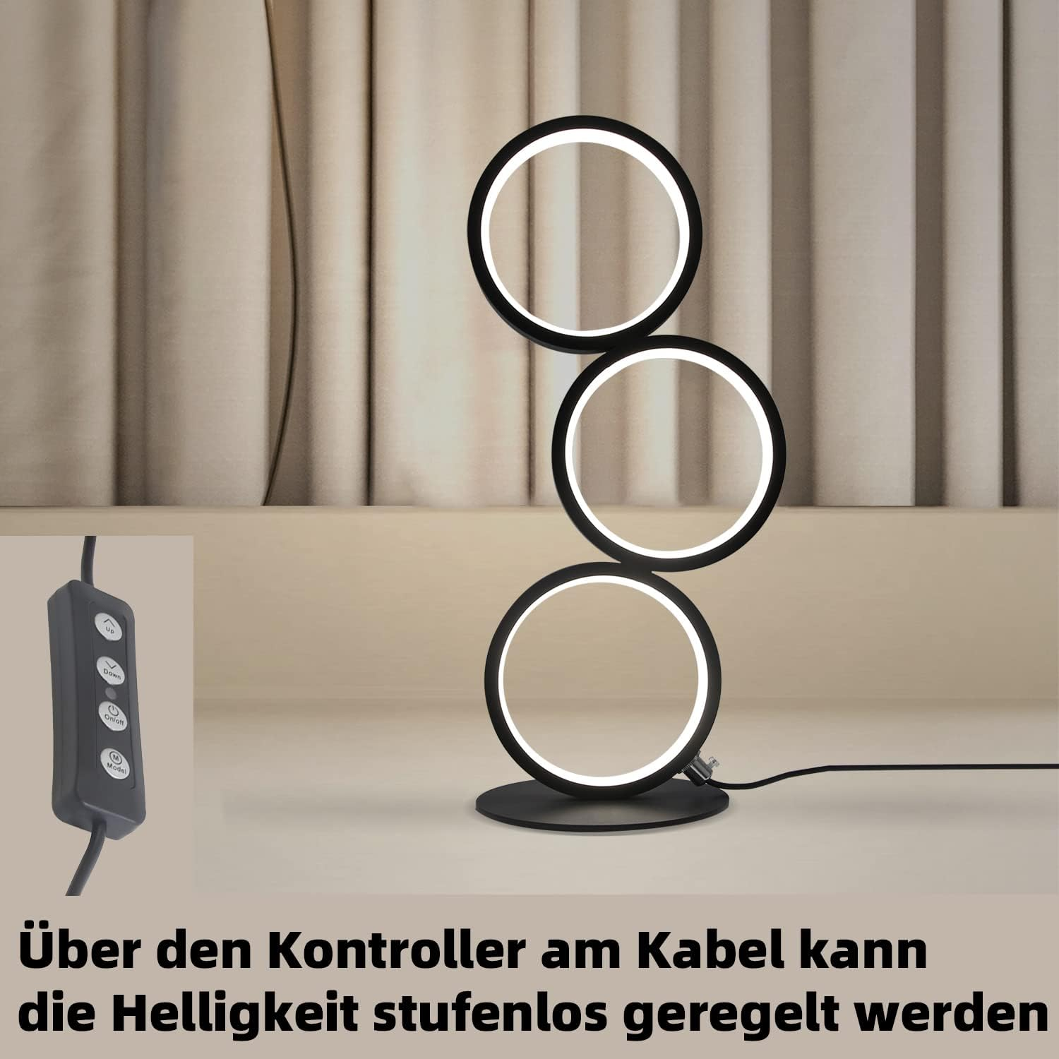Nowoczesna czarna lampa z trzema podświetlanymi pierścieniami. Panel sterowania pokazano osobno.