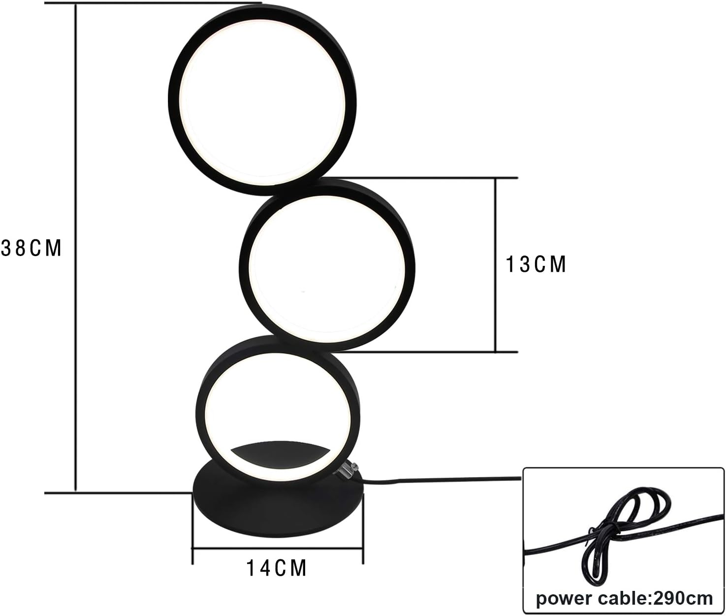 Czarno-biała lampa z trzema pierścieniami z wyświetlonymi wymiarami. Widoczny jest również kabel zasilający.