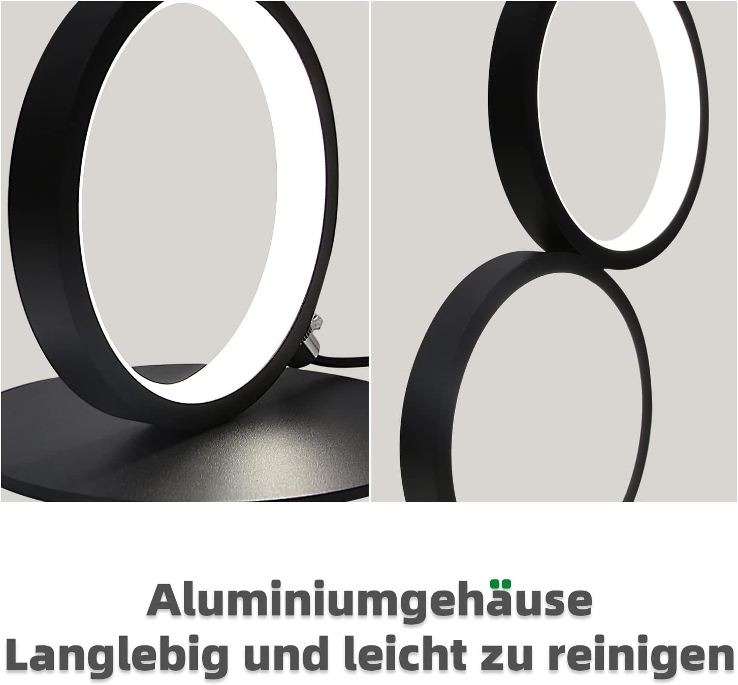 Trzy czarne lampy pierścieniowe na szarym tle, z tekstem o aluminium.