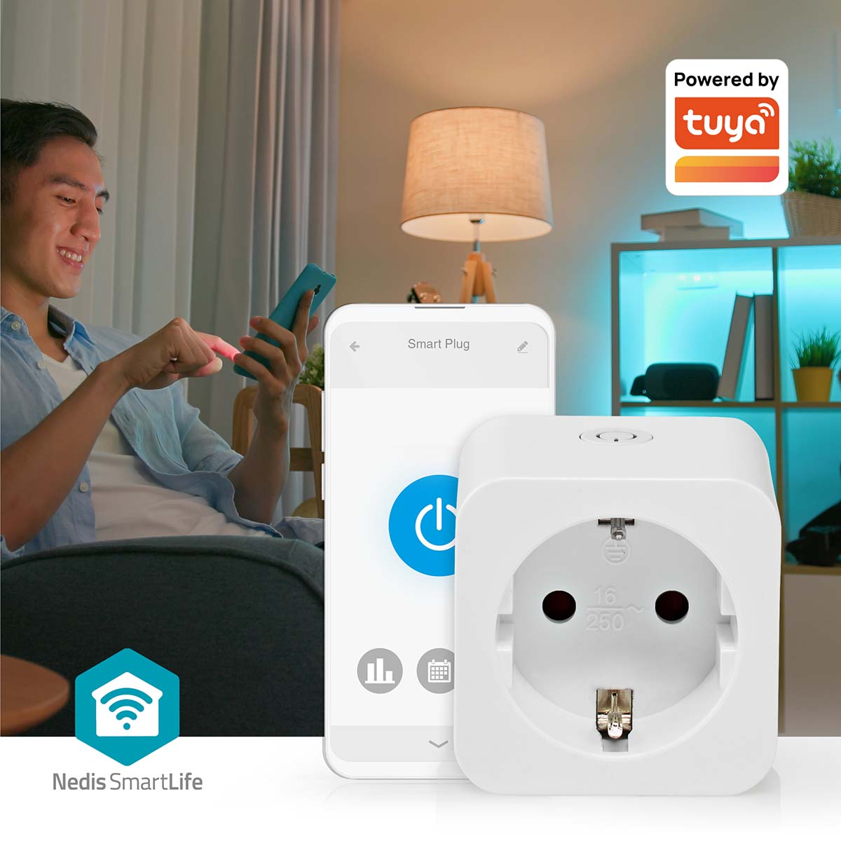 A person using a phone next to a smart plug and a phone screen.