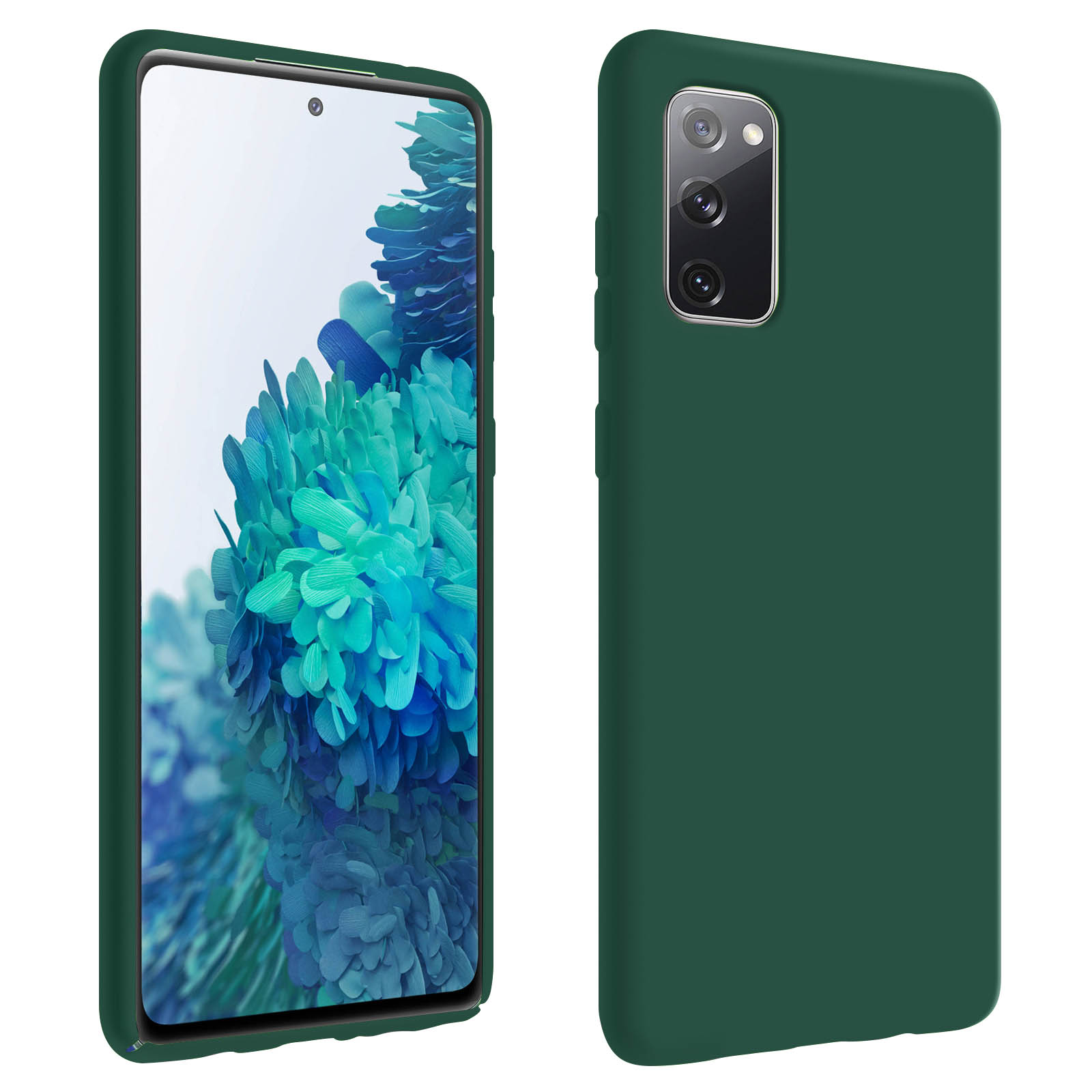 Deux téléphones côte à côte dans une coque verte. Le téléphone de gauche a un écran allumé.