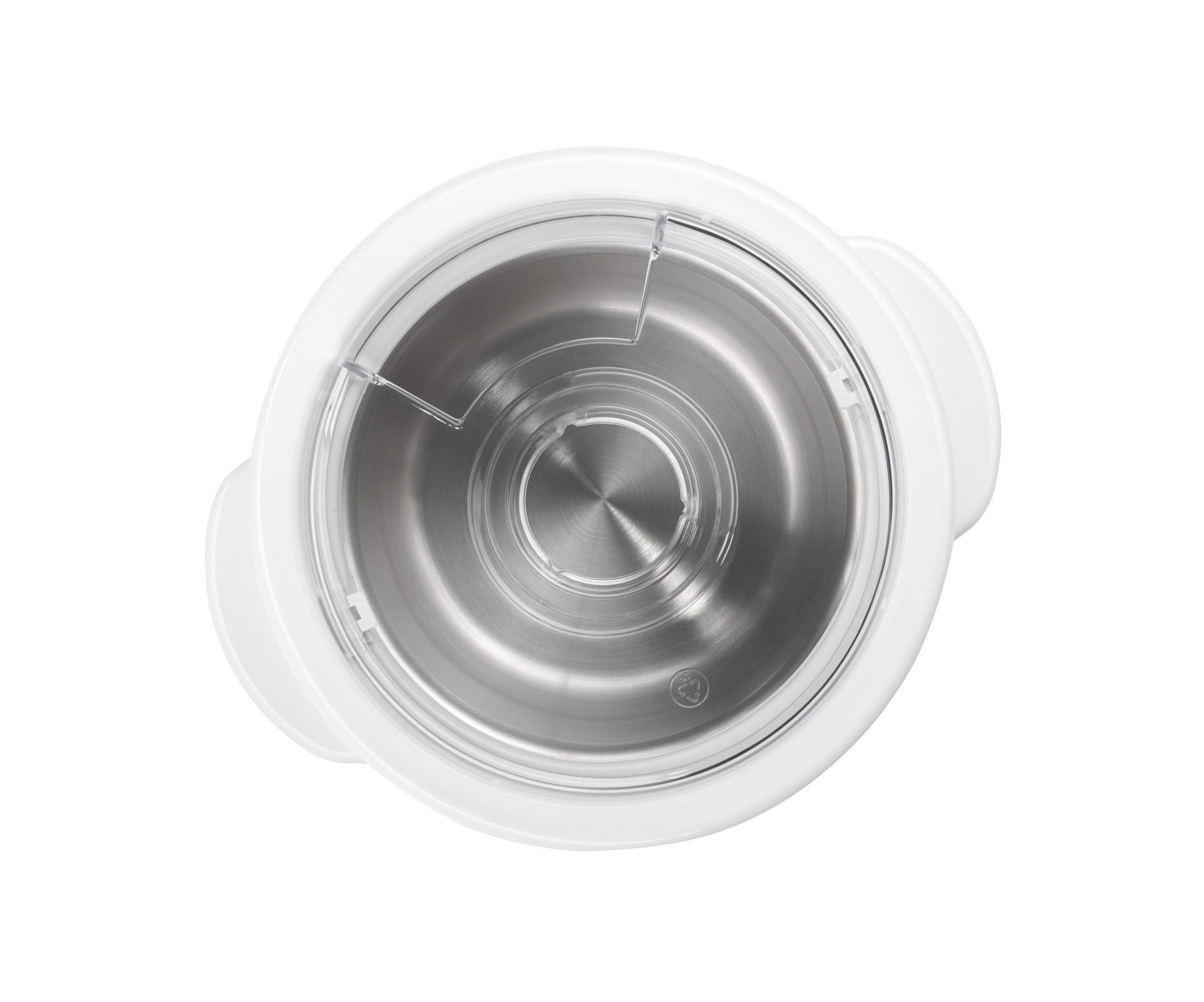 Widok z góry na białą maszynę do lodów z przezroczystą pokrywą i srebrnym wnętrzem.