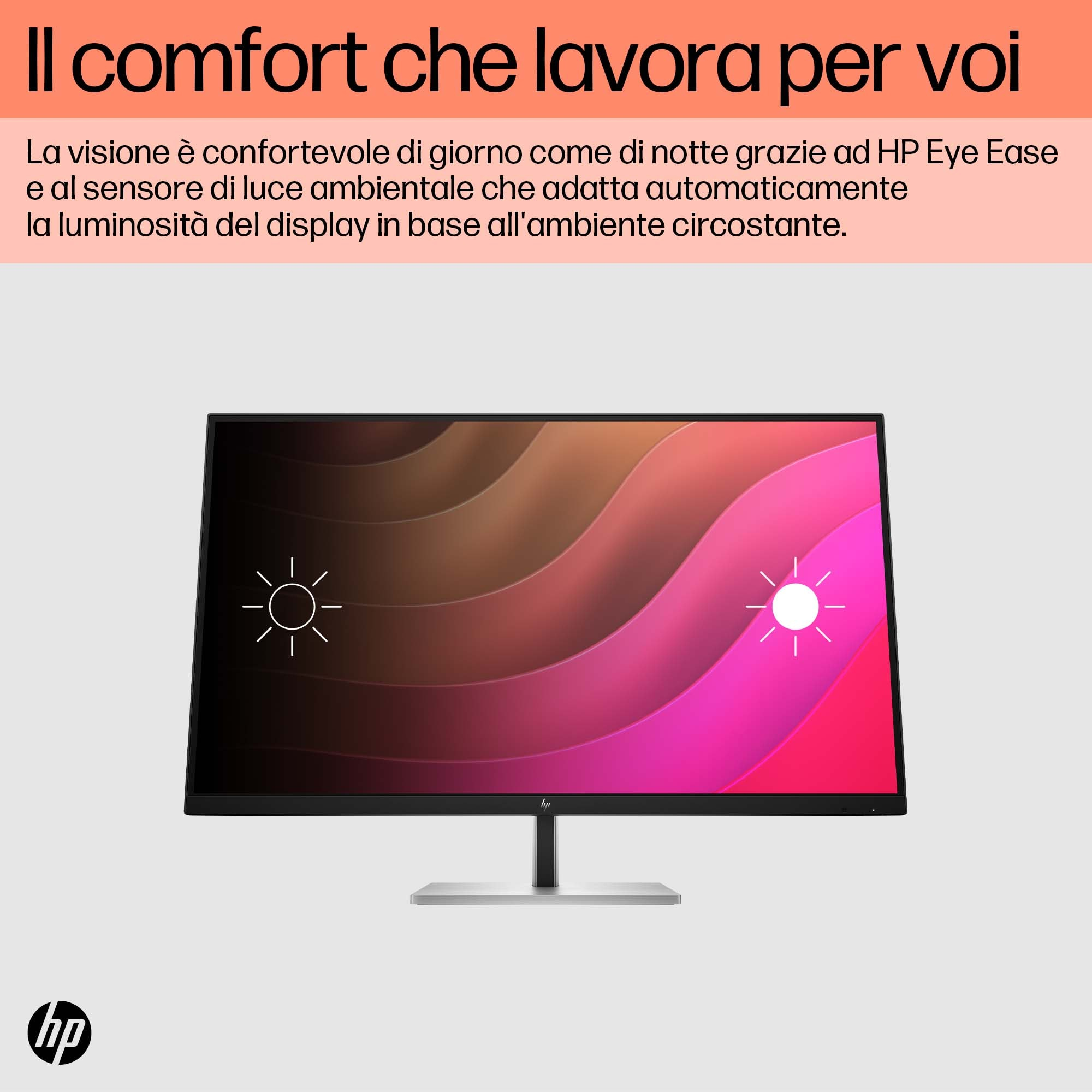 Monitor z czarnym ekranem i logo HP. Tło ma różowe i brązowe gradienty.