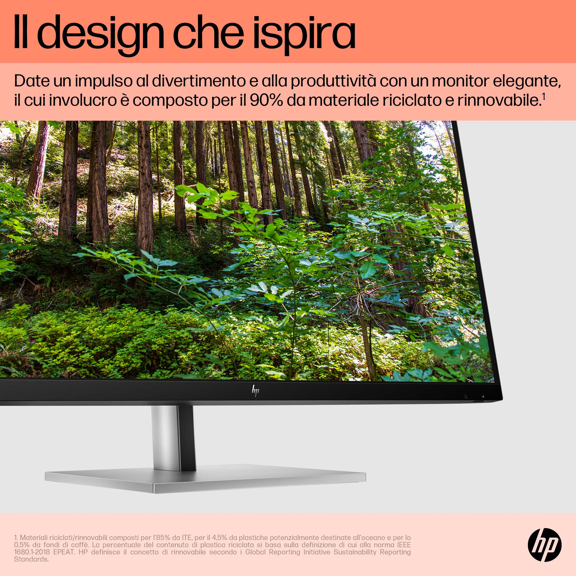 Monitor komputera wyświetla scenę leśną, z tekstem u góry i logo HP na dole.