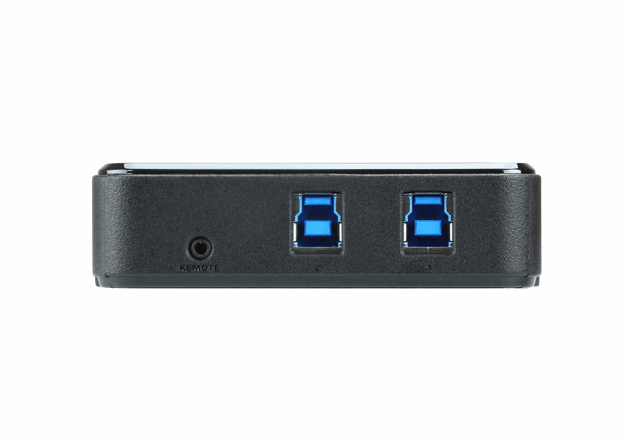 Hub USB noir avec deux ports USB bleus et un port distant. Fond blanc.