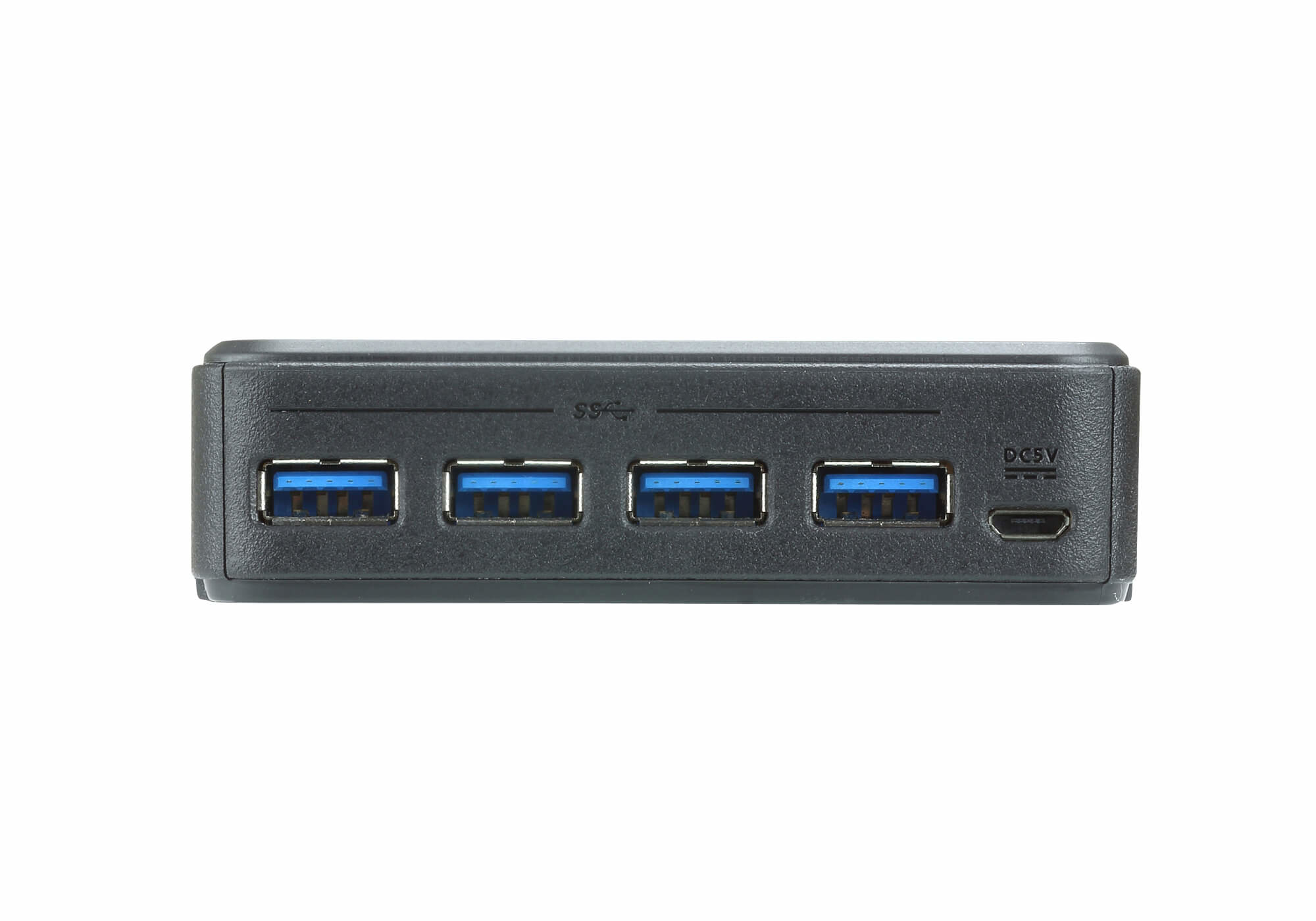 Black USB hub with four blue USB ports, a micro USB port, and 'SS' and 'DC 5V' markings.