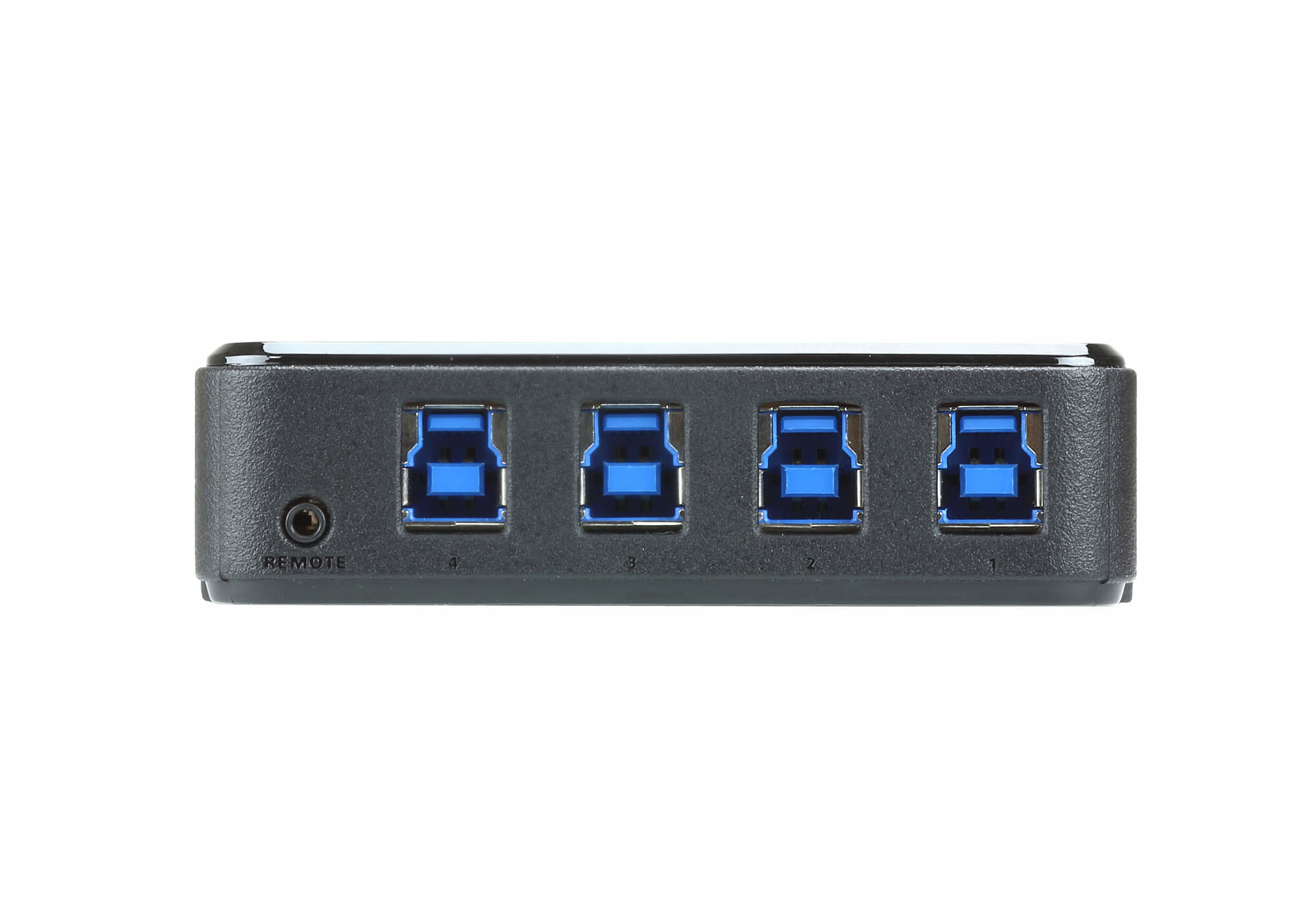 Black USB hub with four blue USB ports. The hub is rectangular with a single port for remote.