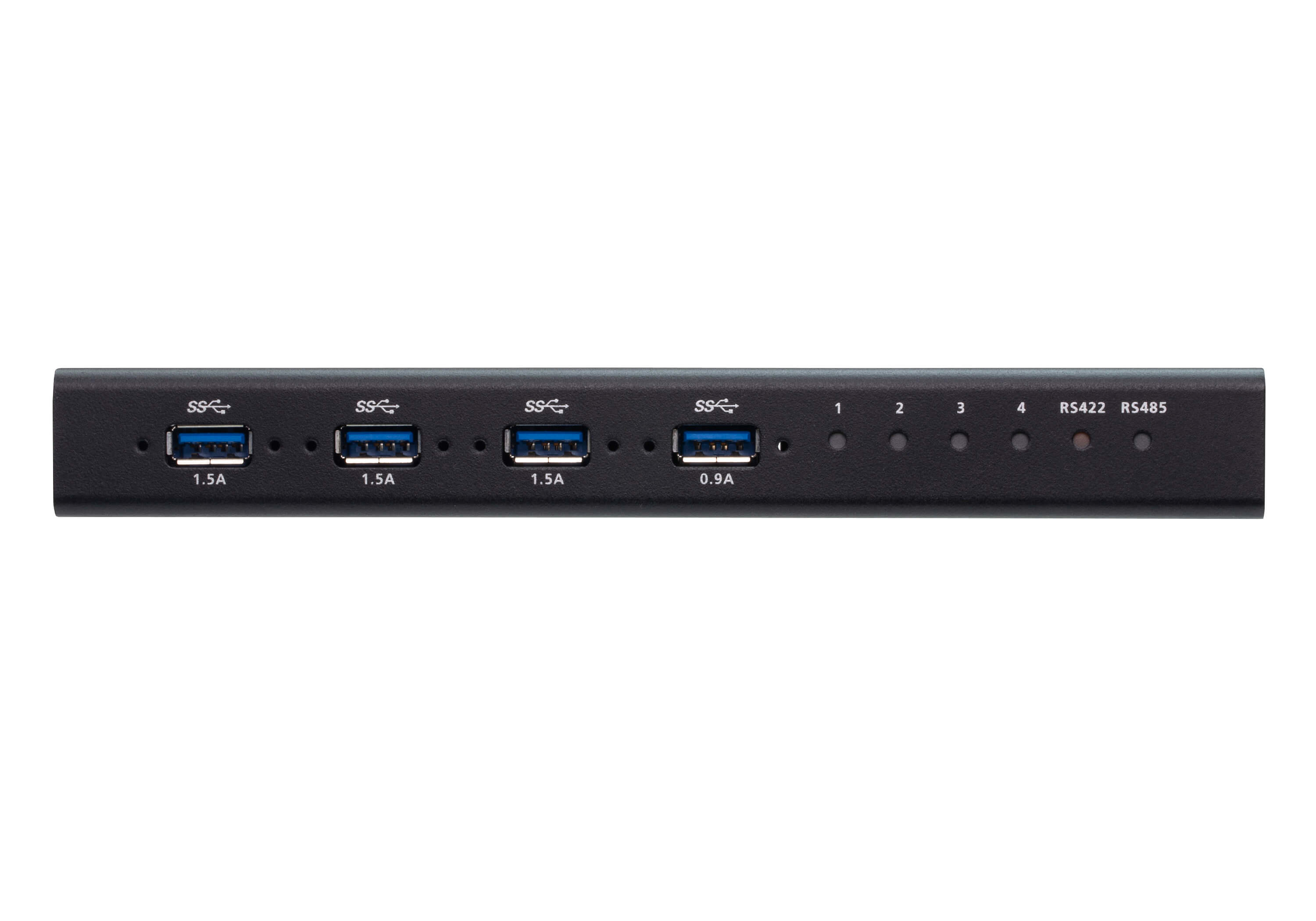 Een zwarte USB-hub met vier USB 3.0-poorten en markeringen voor stroom en gegevensoverdracht.