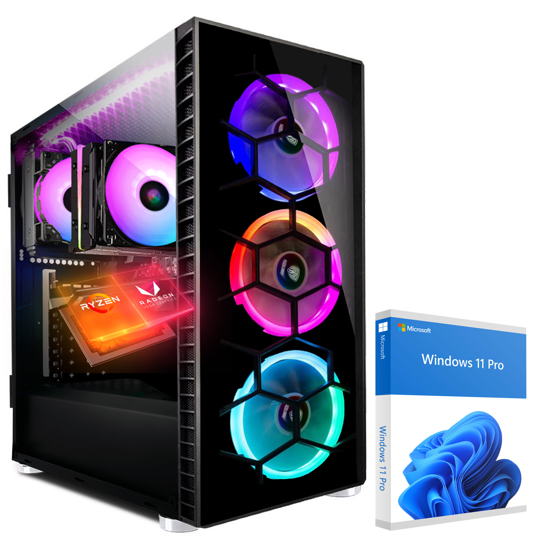 Gaming-PC mit bunten Lüftern, Ryzen-CPU und Windows 11 Pro-Box. Schwarzes Gehäuse, weißer Hintergrund.