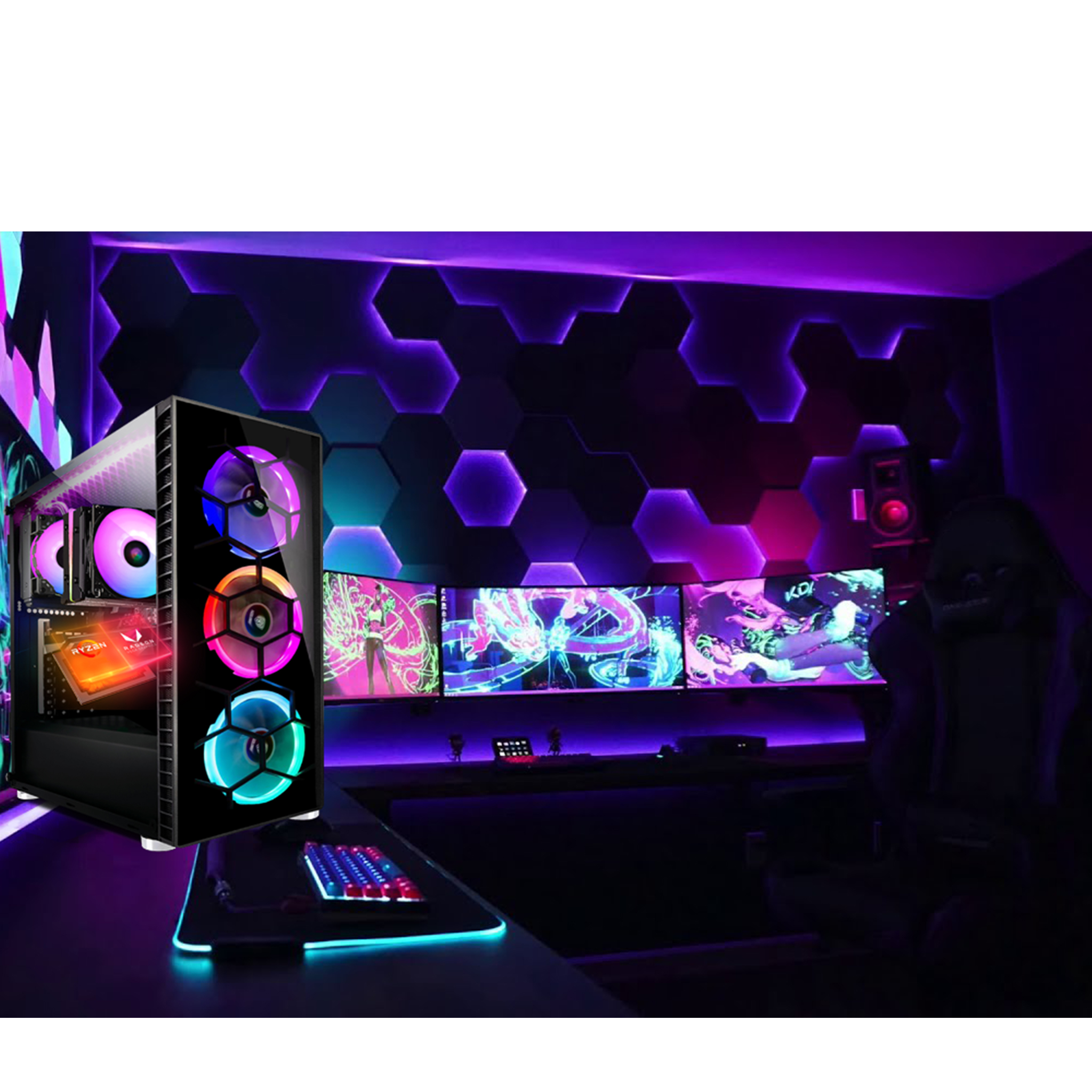 Ein Gaming-PC mit RGB-Beleuchtung steht links. Mehrere Monitore zeigen Spielszenen.
