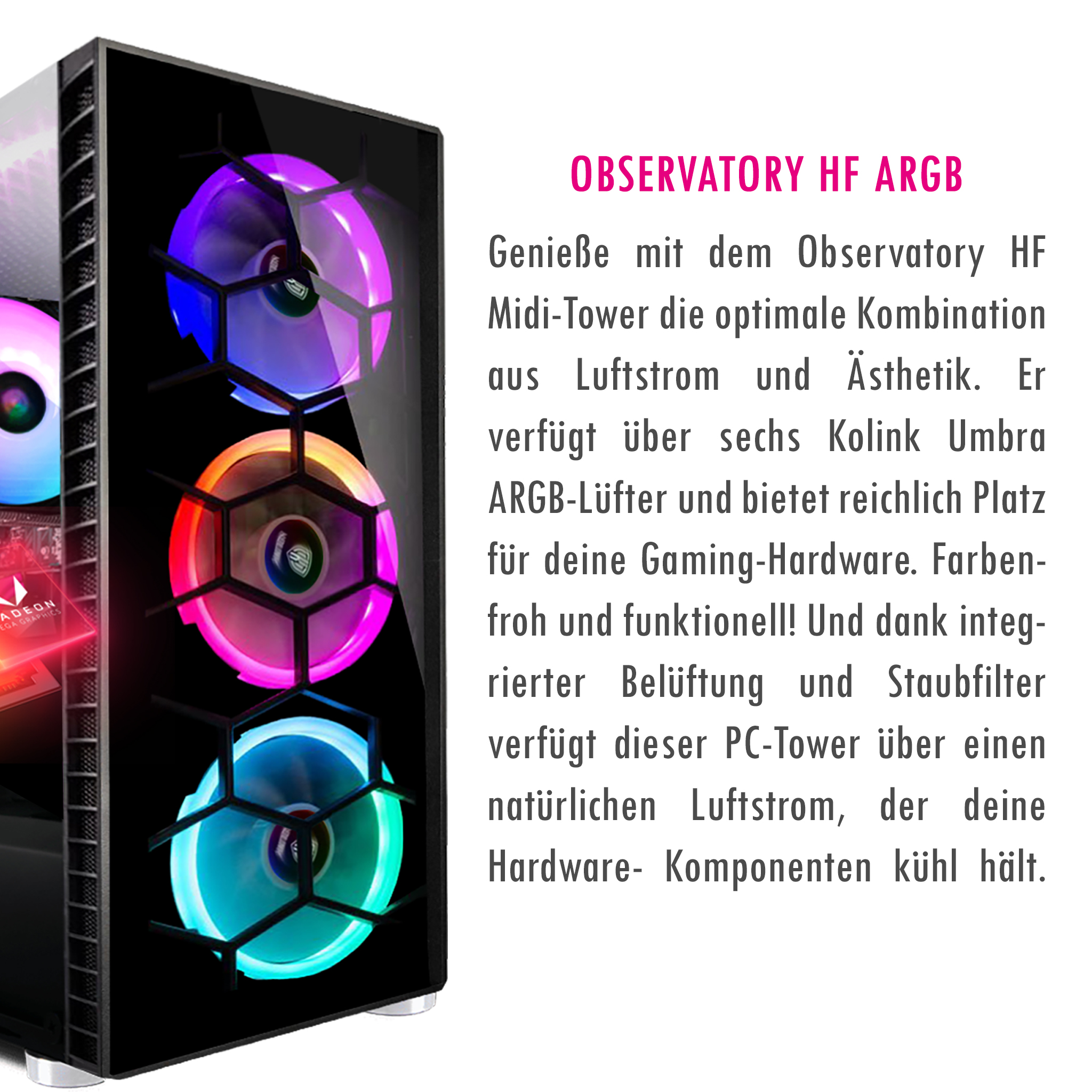 Schwarzes und gläsernes Computergehäuse mit Lüftern und farbenfrohen Lichtern. Text auf der rechten Seite.