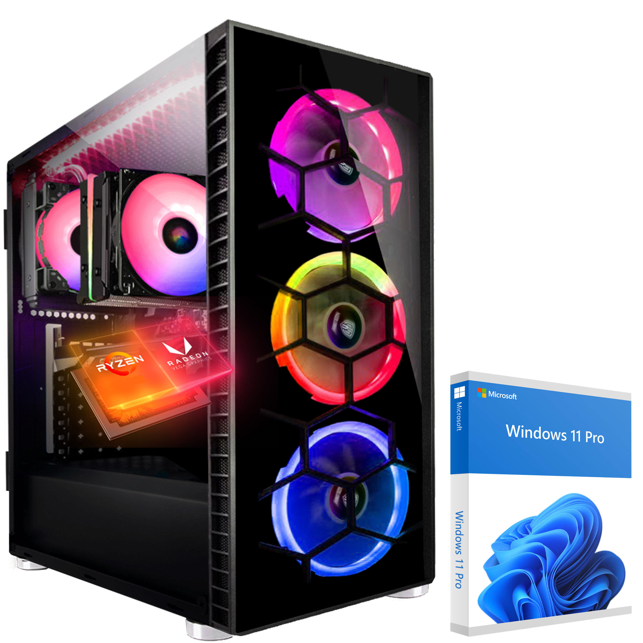 Gaming-PC mit RGB-Beleuchtung und Windows 11-Box. Schwarzes Gehäuse mit bunten Lüftern und Software-Box.