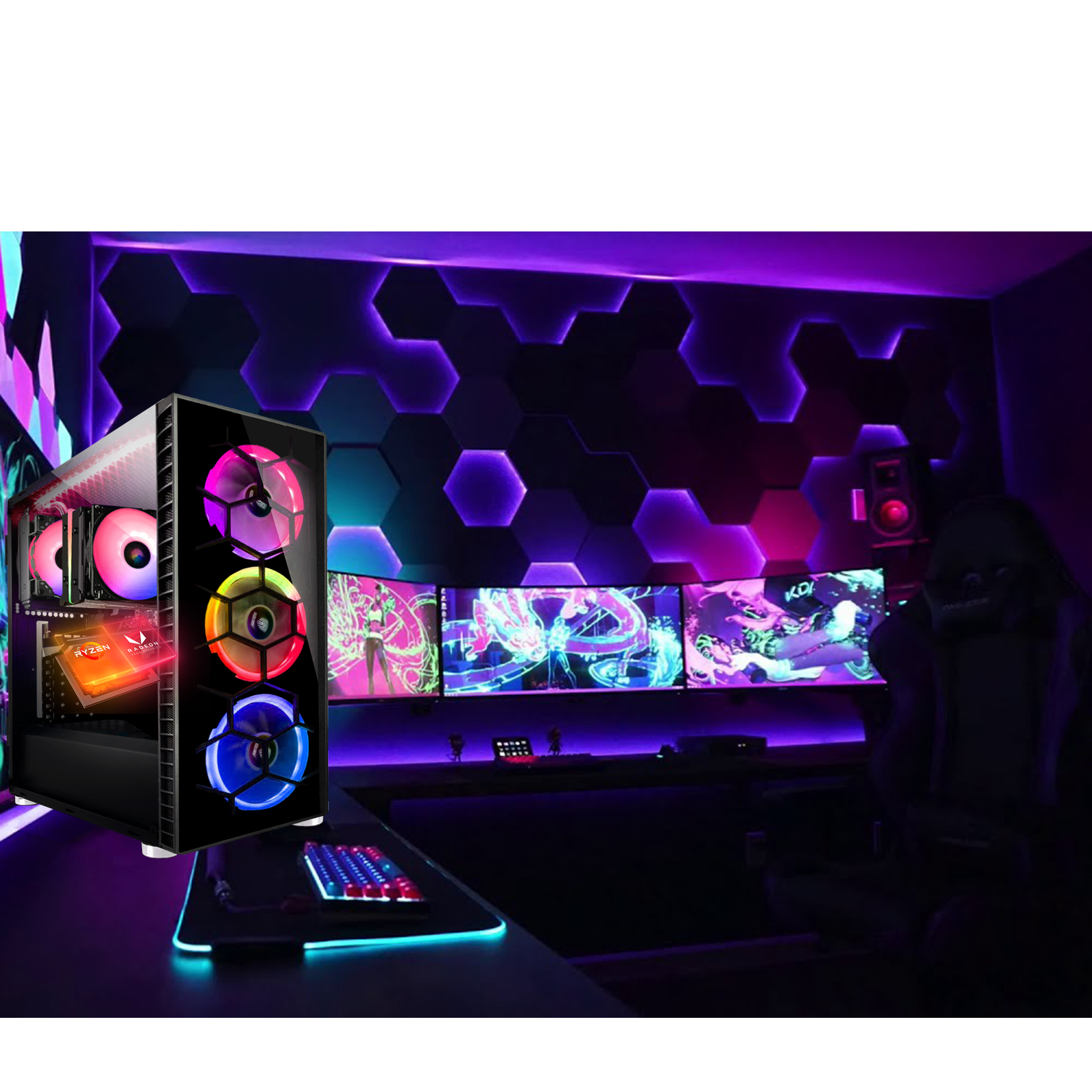 Ein Gaming-PC mit RGB-Beleuchtung, mehreren Monitoren und einem Gaming-Setup in einem dunklen Raum.