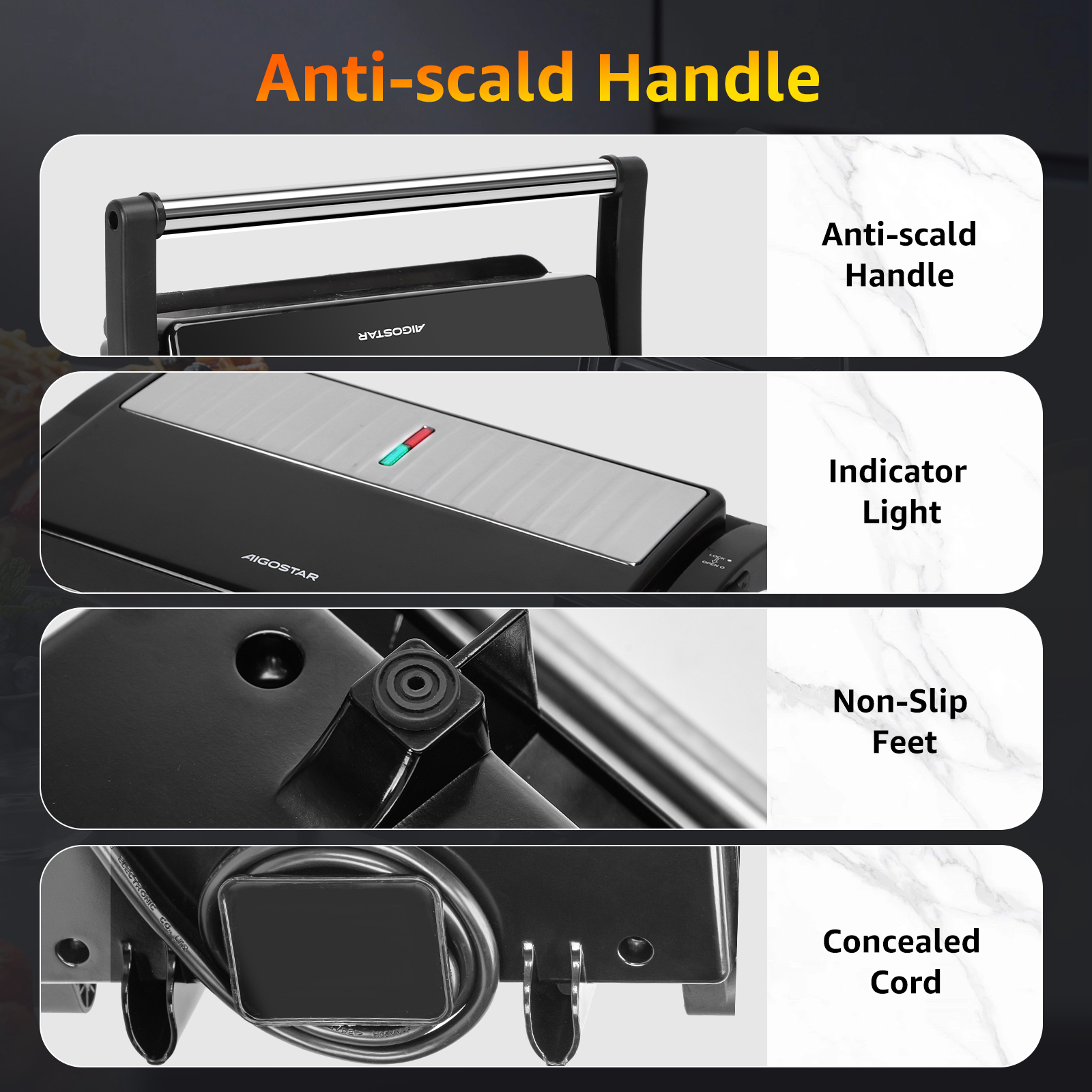 Primer plano de una sandwichera negra con etiquetas que indican características como asa, luz y cable.