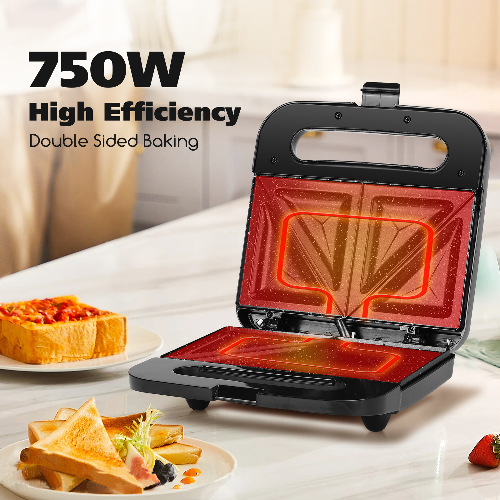 Una sandwichera negra con tostadas. El texto dice 750W High Efficiency Double Sided Baking.