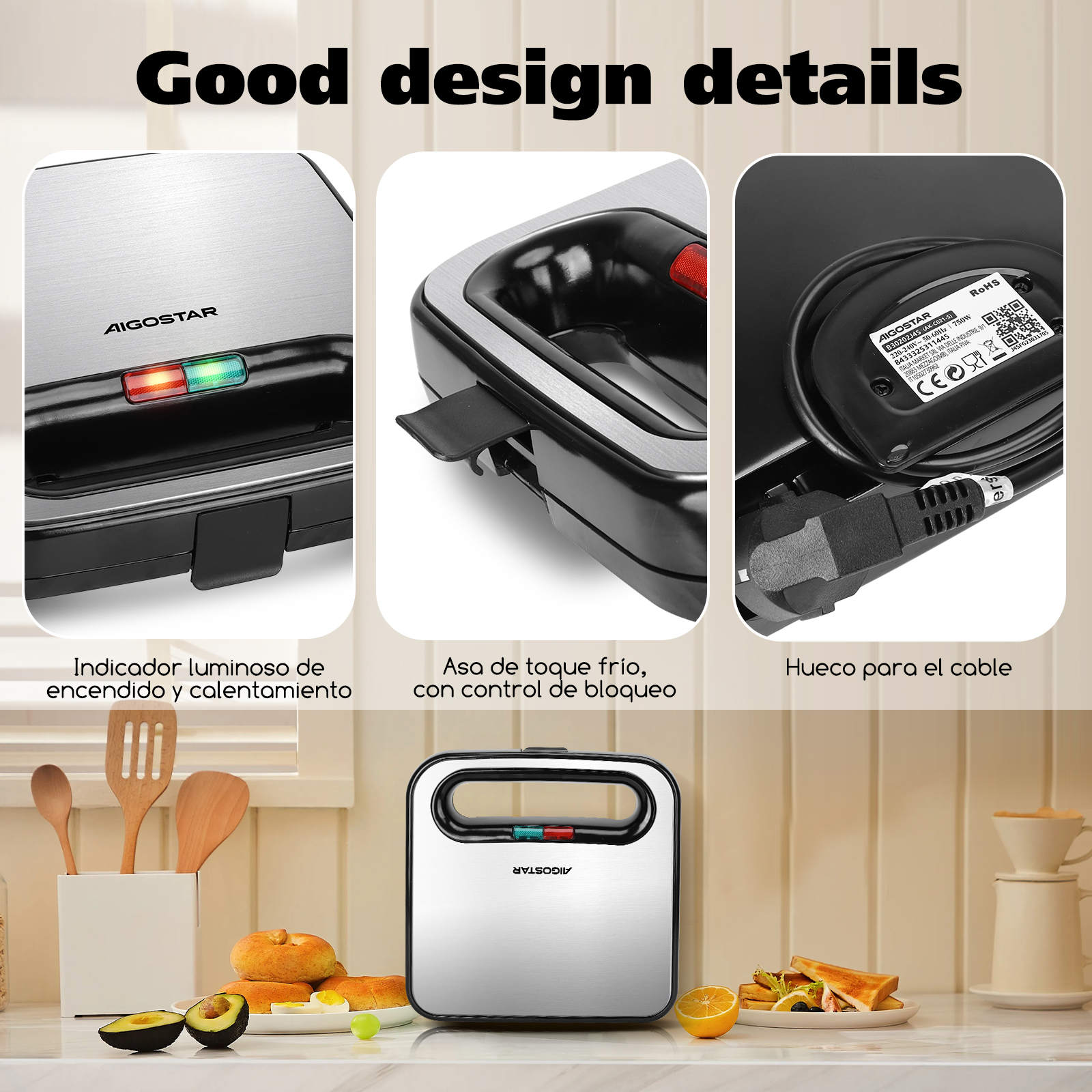Primeros planos de una sandwichera plateada AIGOSTAr y sus detalles en una encimera de cocina.