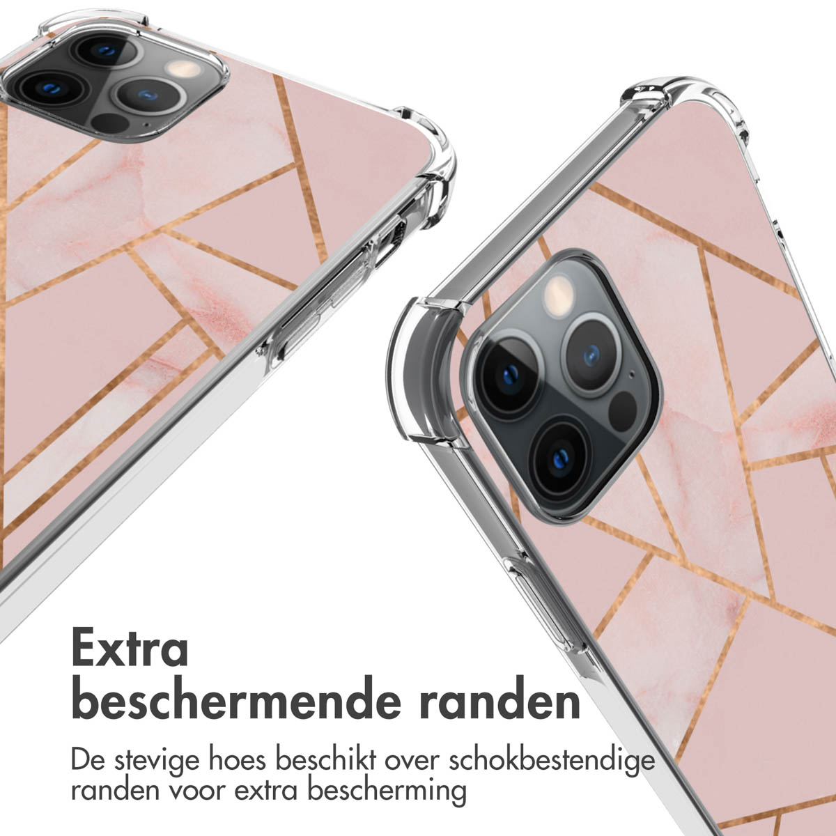 Zwei Handyhüllen mit rosa Marmordesign und goldenen geometrischen Linien. Klare Kanten.