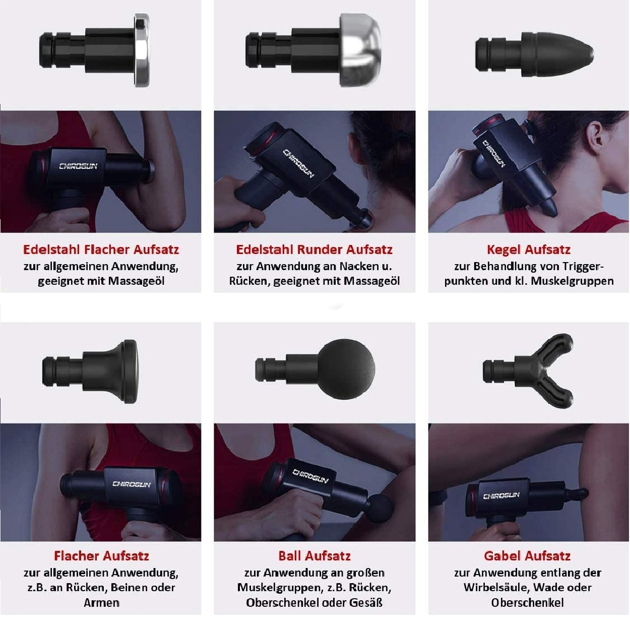 Neun Bilder von Massagepistolenaufsätzen und -anwendungen. Titel sind auf Deutsch.